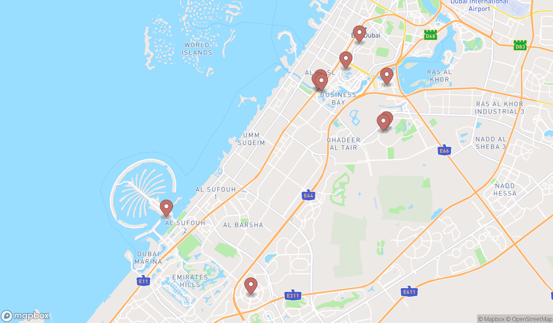 Map showing the ranked night clubs in Dubai, Dubai
