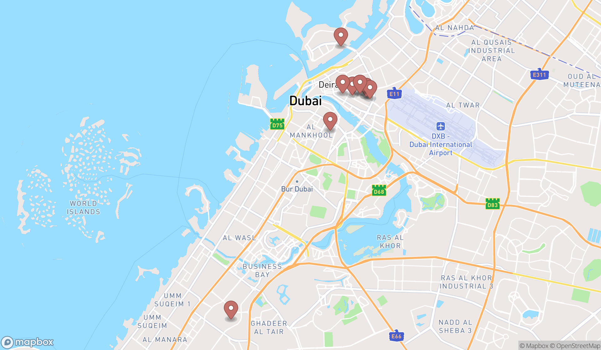 Map showing the ranked night markets in Dubai, Dubai