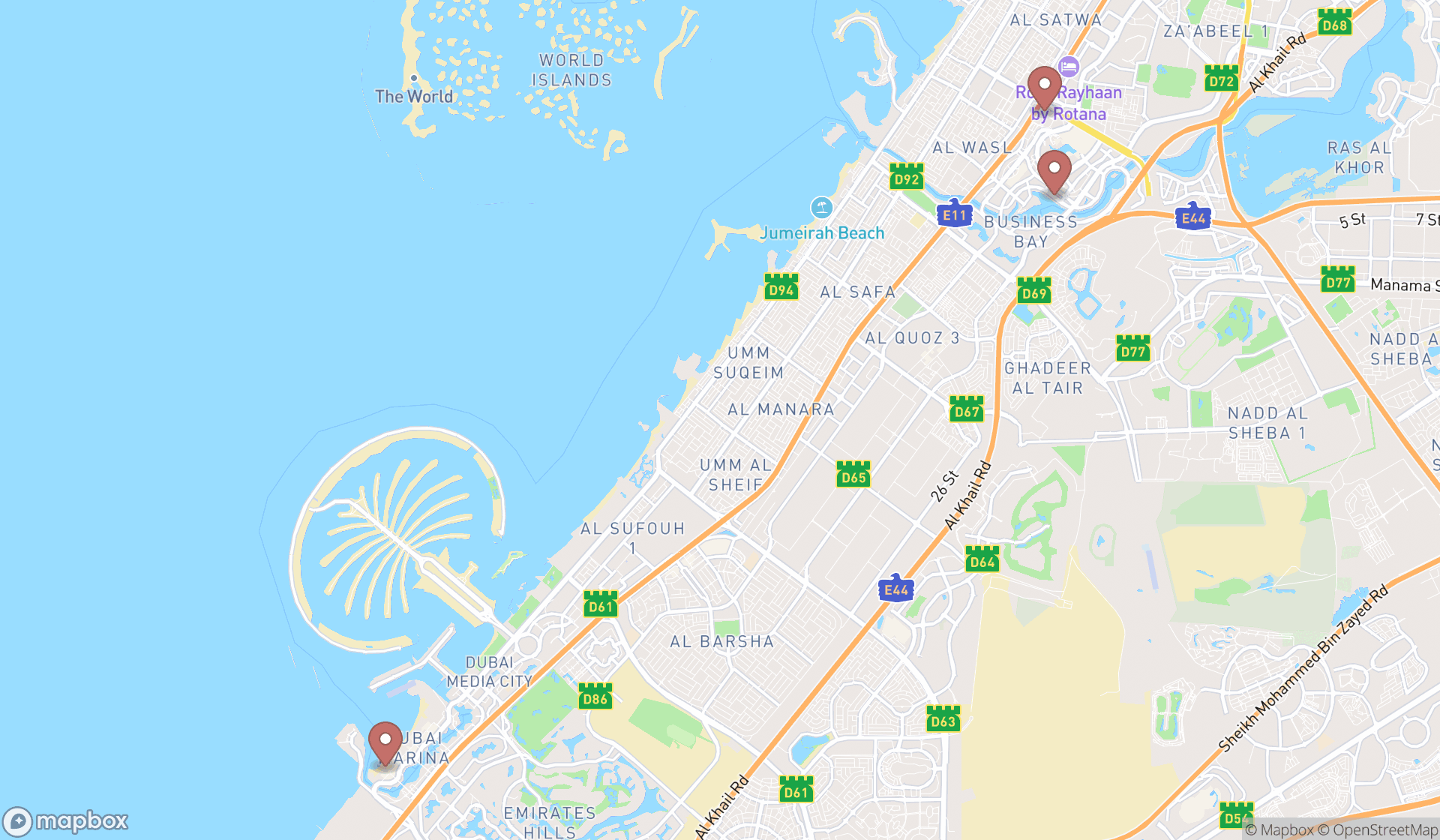 Map showing the ranked nightclubs in Dubai, Dubai
