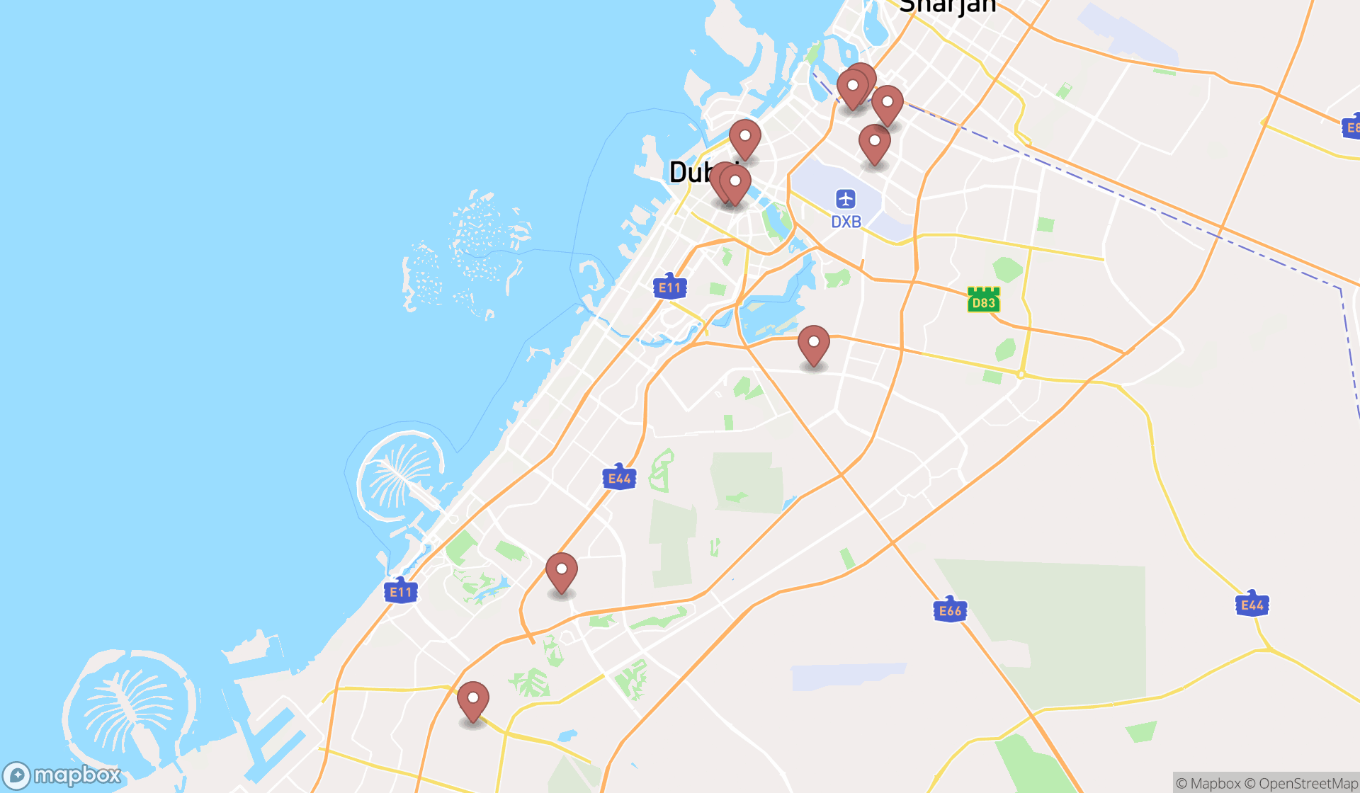 Map showing the ranked non vegetarian restaurants in Dubai, Dubai