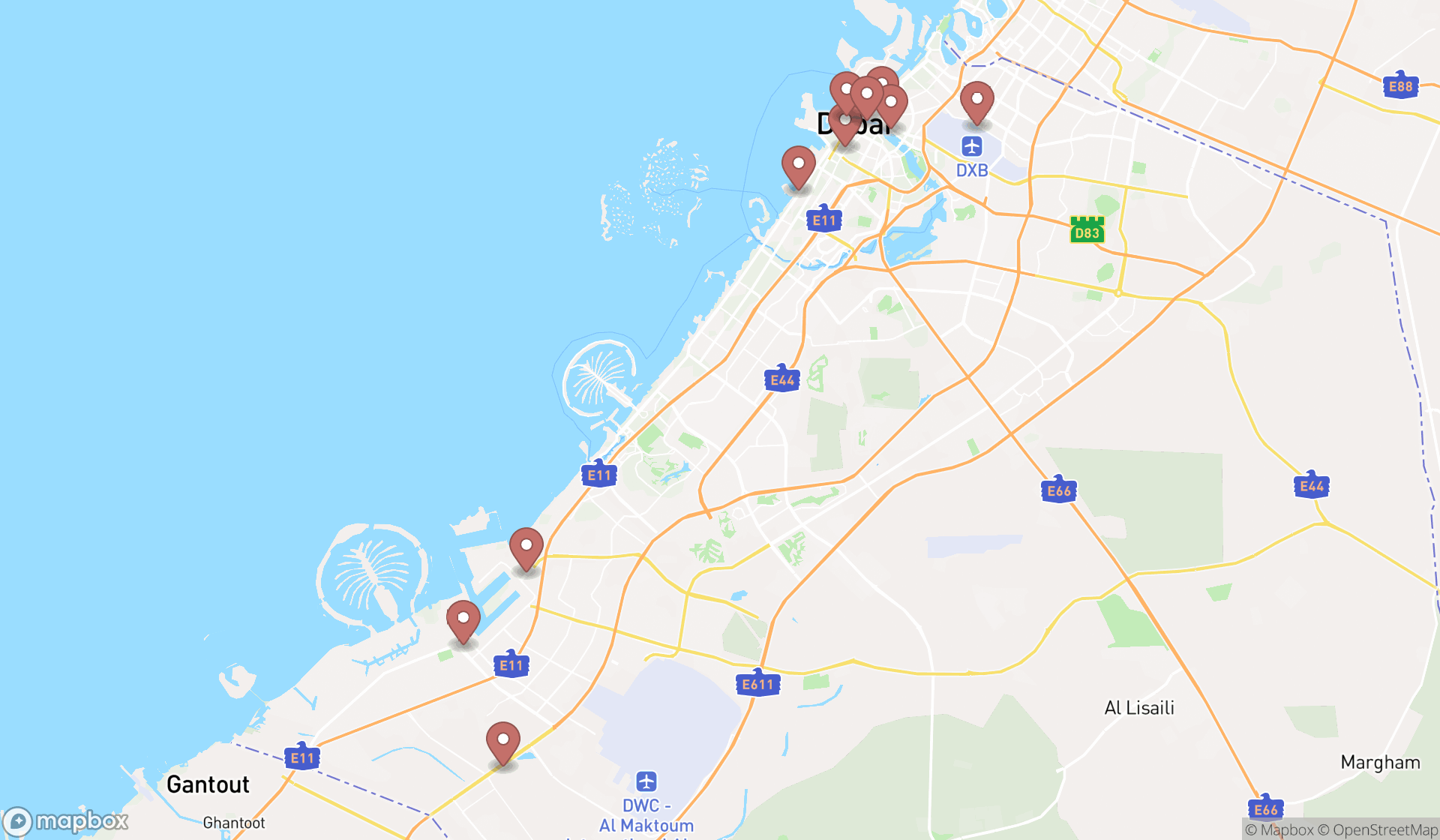 Map showing the ranked non-governmental organizations in Dubai, Dubai