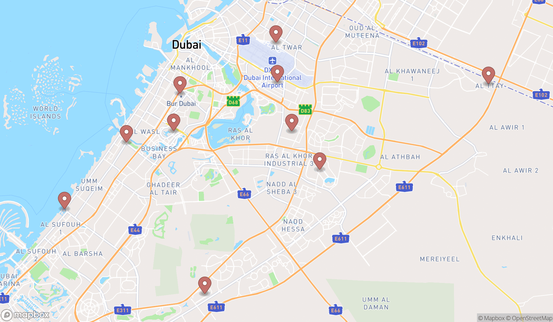 Map showing the ranked noodle shops in Dubai, Dubai