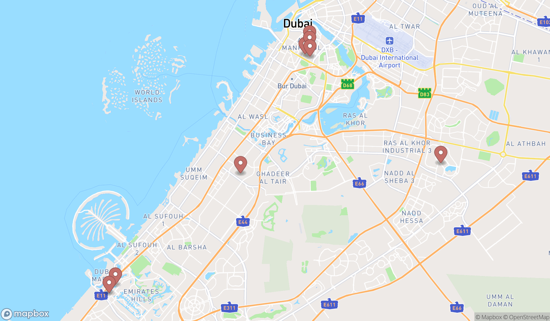 Map showing the ranked north eastern indian restaurants in Dubai, Dubai