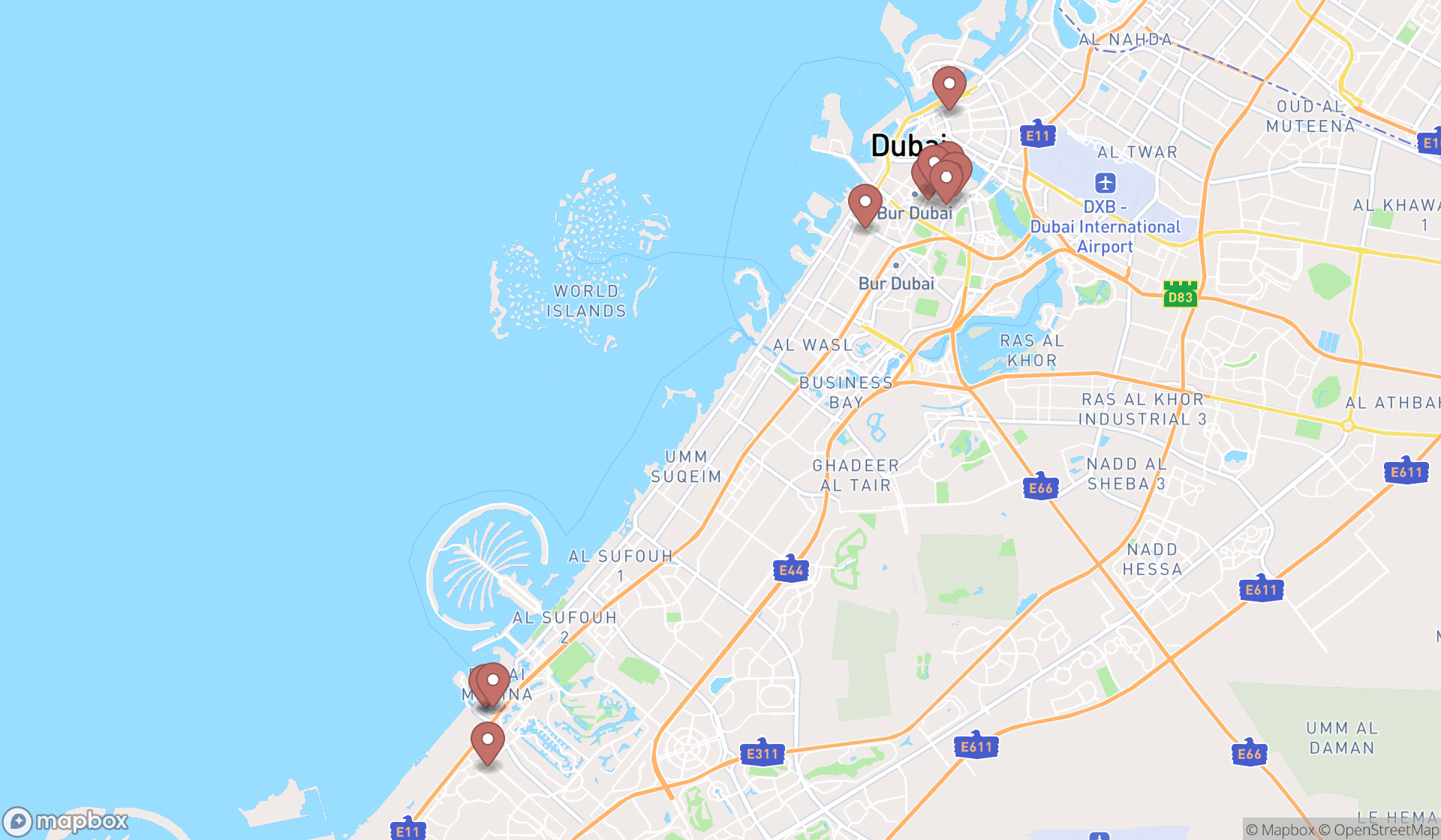 Map showing the ranked north indian restaurants in Dubai, Dubai