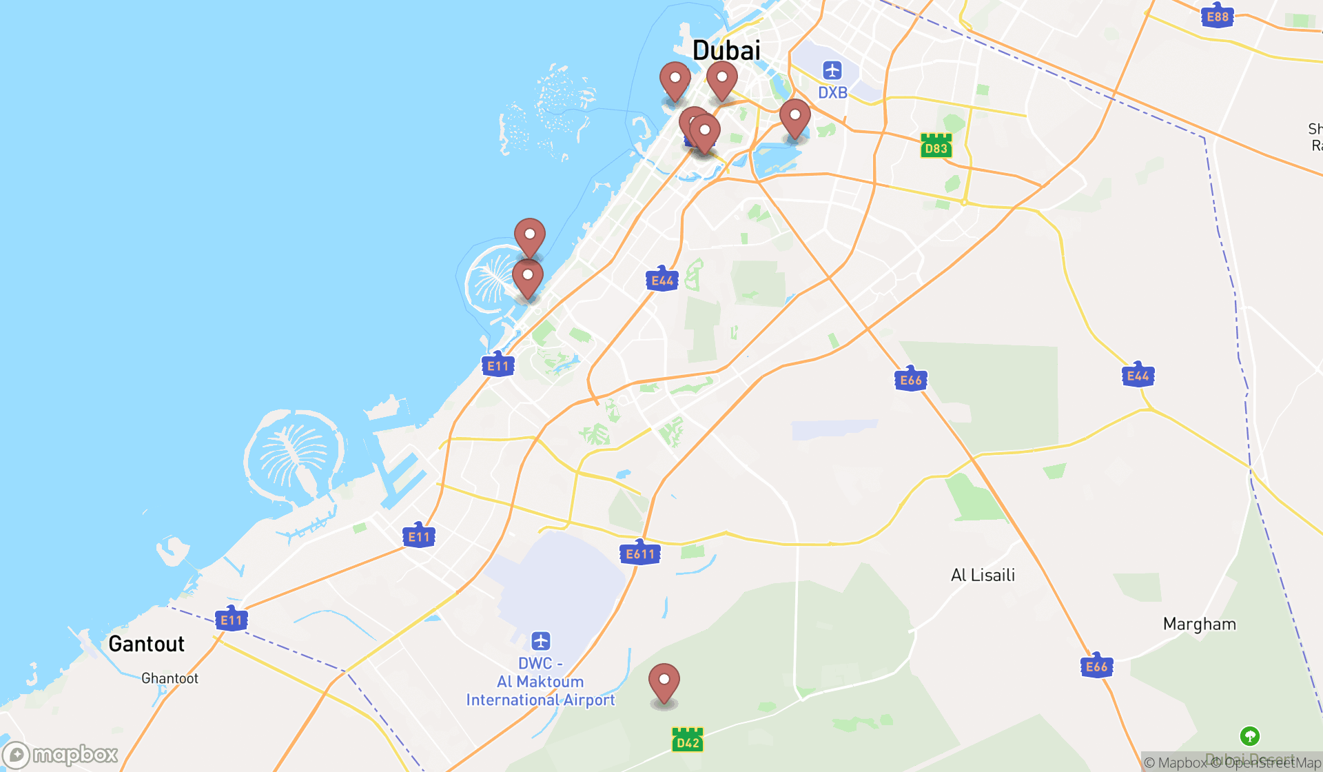 Map showing the ranked observation decks in Dubai, Dubai