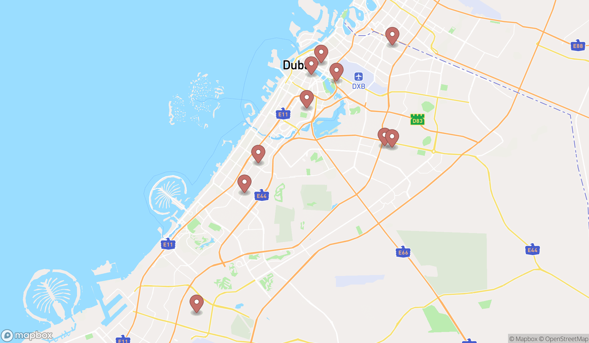 Map showing the ranked office equipment rental services in Dubai, Dubai