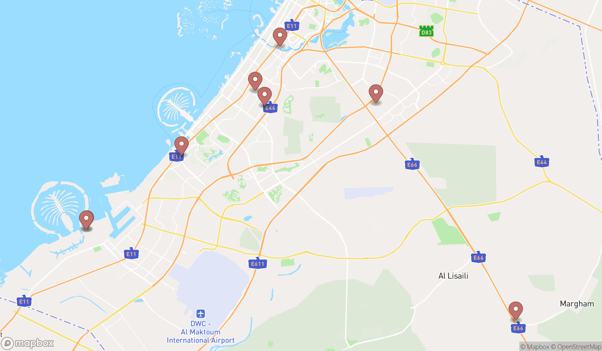 Map showing the ranked off-road racing venues in Dubai, Dubai