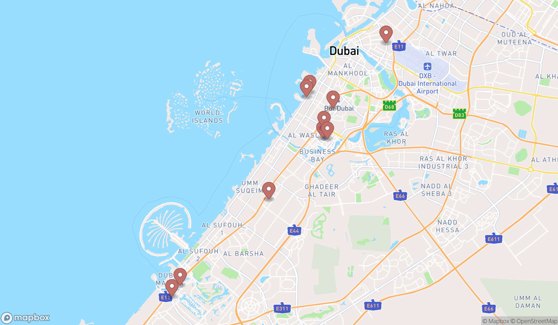 Map showing the ranked organic restaurants in Dubai, Dubai