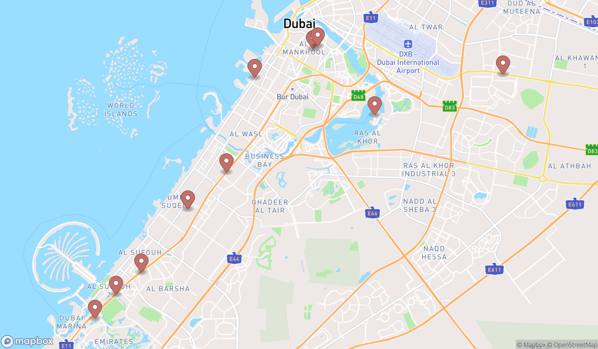 Map showing the ranked organic shops in Dubai, Dubai