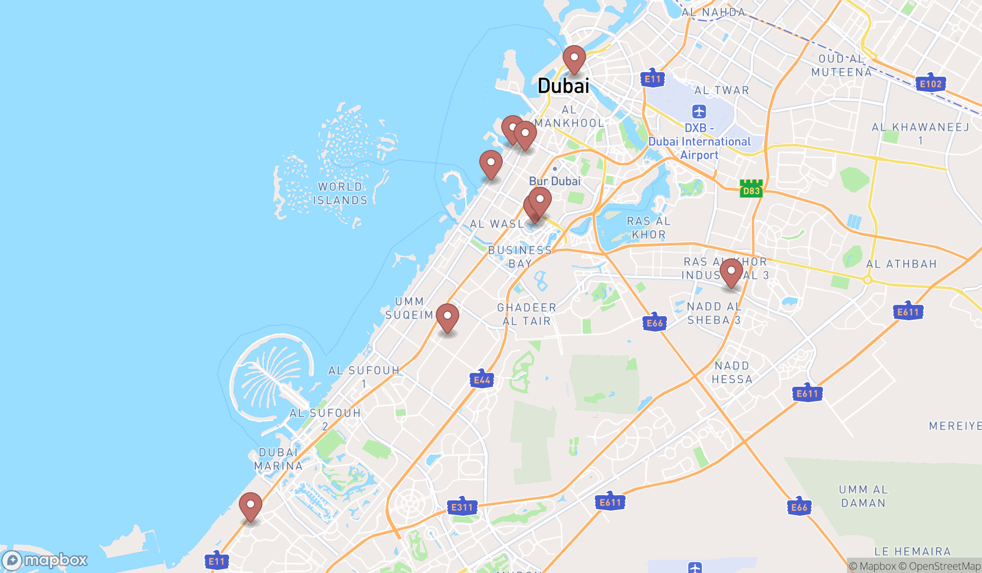 Map showing the ranked oriental rug stores in Dubai, Dubai