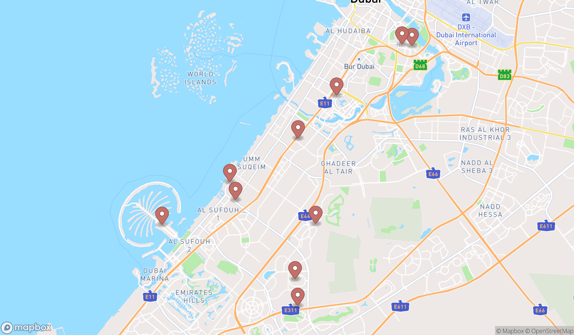Map showing the ranked orthopedic clinics in Dubai, Dubai