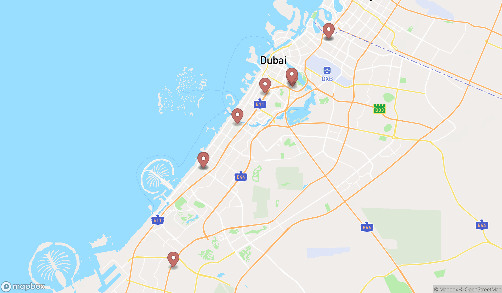 Map showing the ranked otolaryngology clinics in Dubai, Dubai