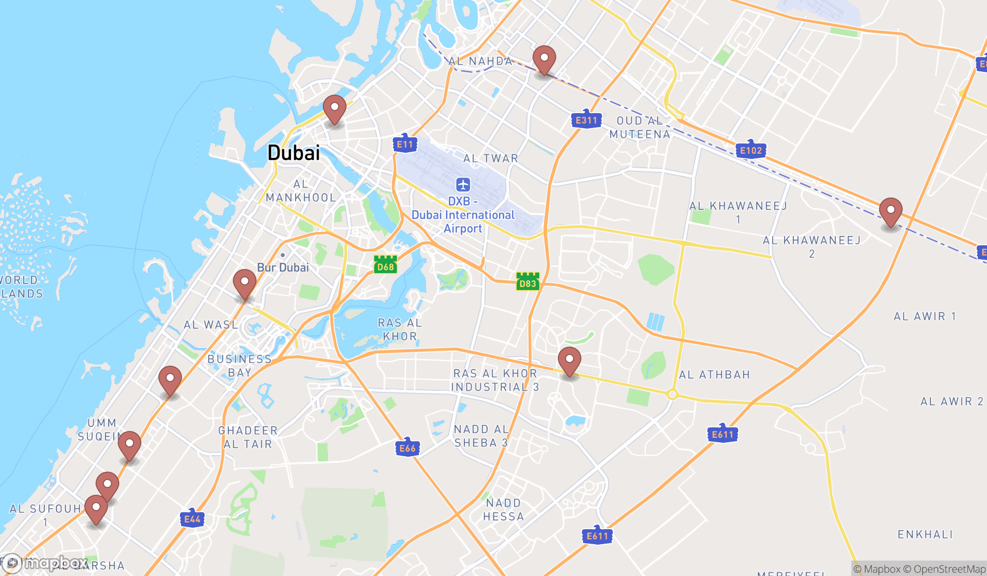Map showing the ranked outdoor clothing and equipment shops in Dubai, Dubai