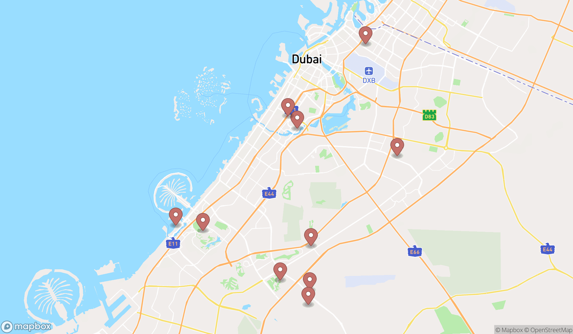 Map showing the ranked outdoor swimming pools in Dubai, Dubai