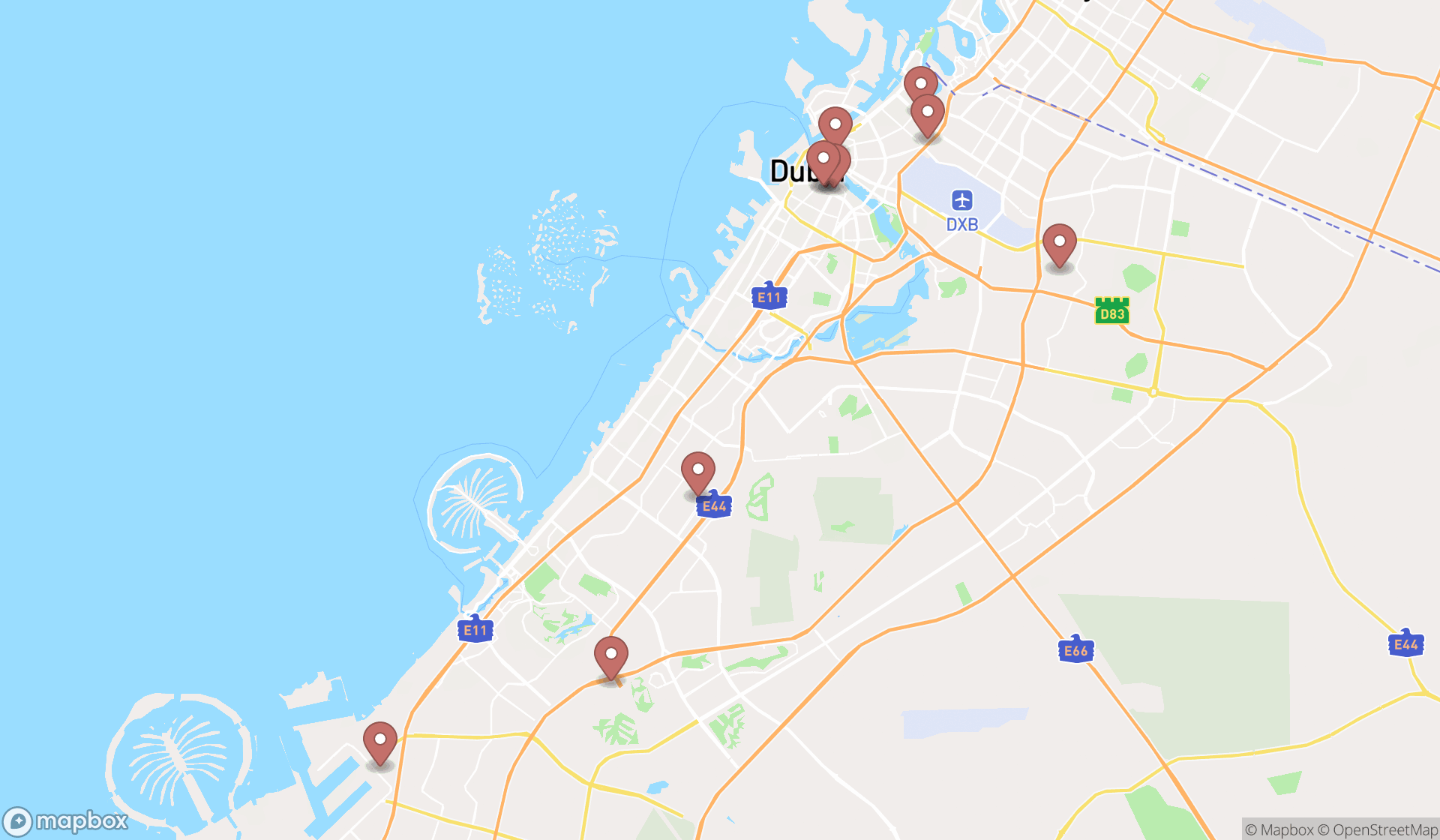 Map showing the ranked outlet stores in Dubai, Dubai