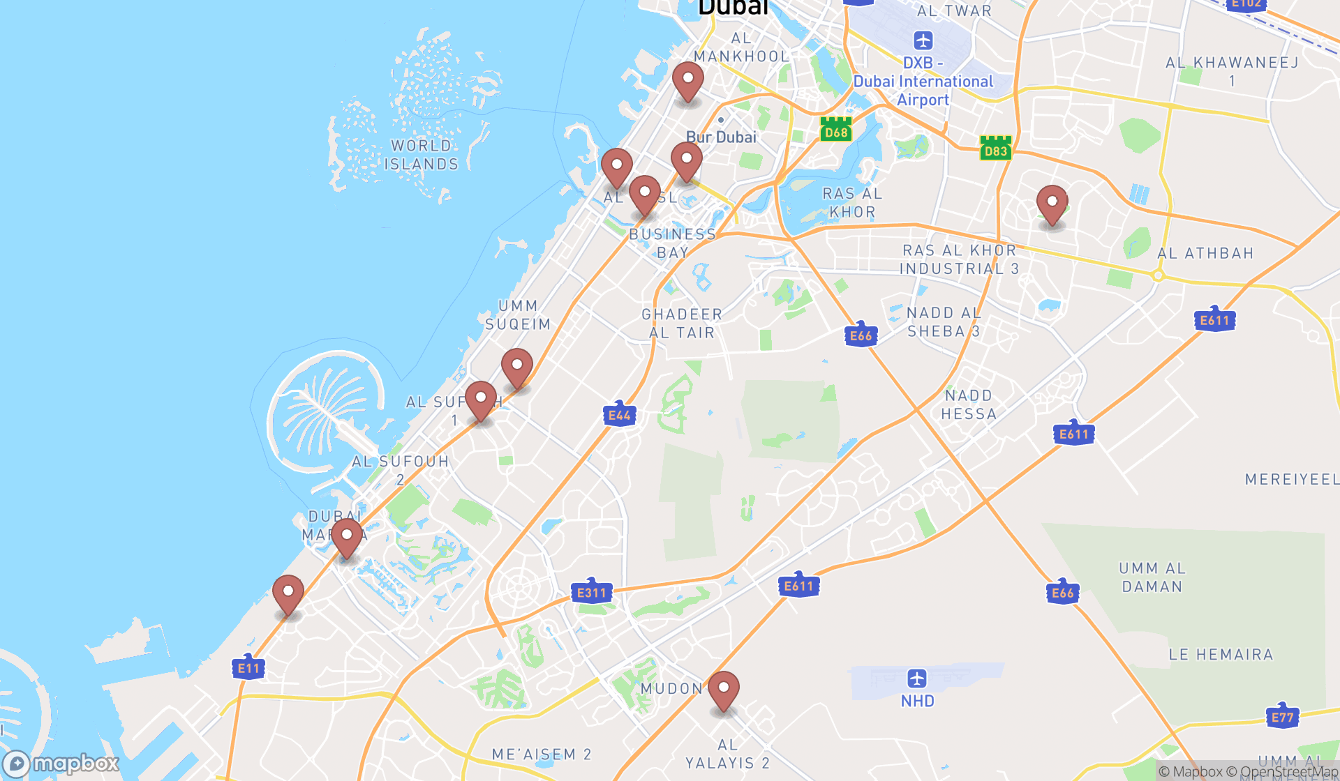 Map showing the ranked package lockers in Dubai, Dubai
