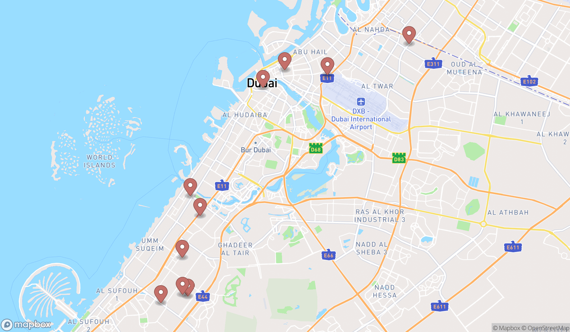 Map showing the ranked packaging supply stores in Dubai, Dubai
