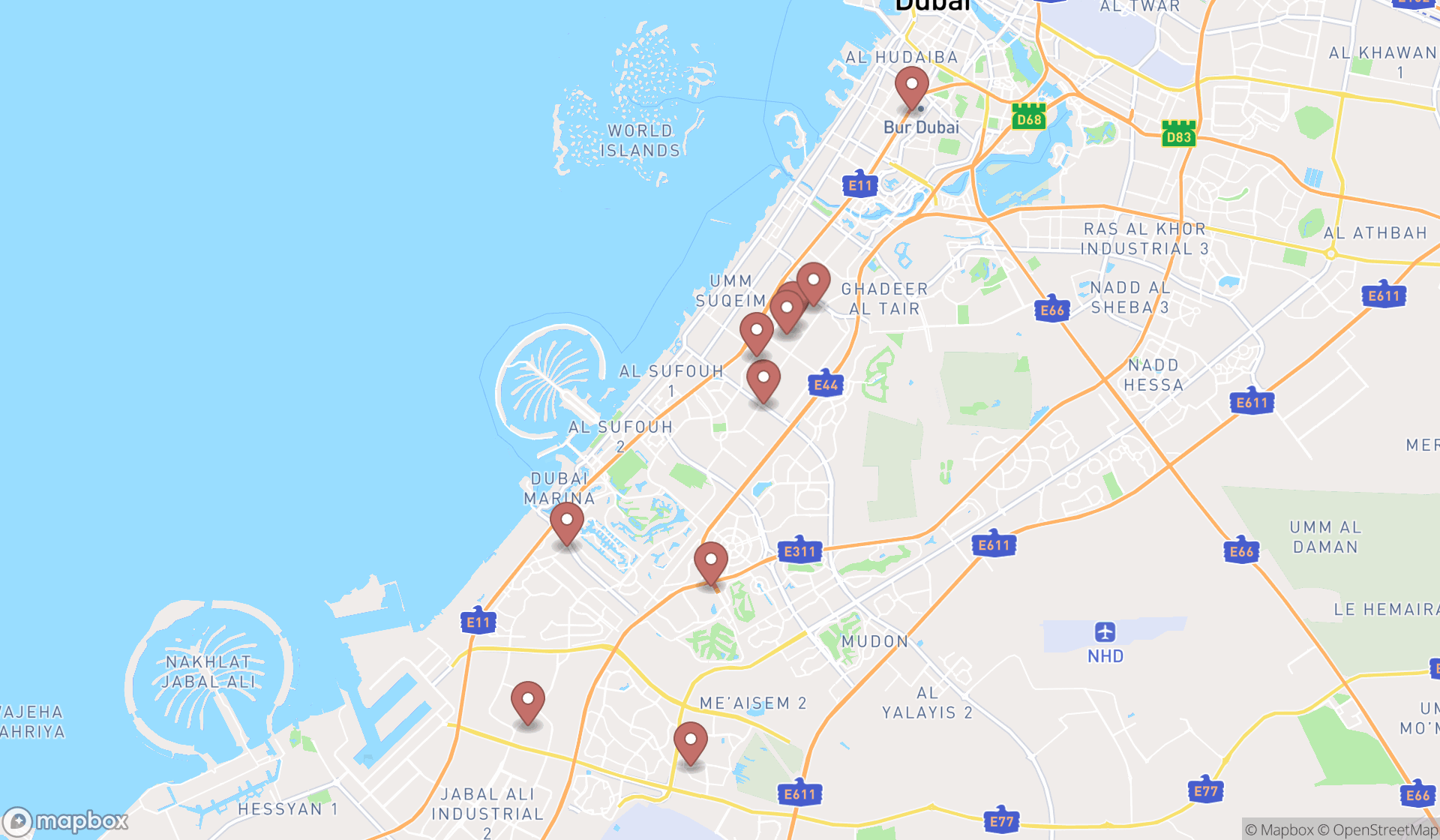 Map showing the ranked padel clubs in Dubai, Dubai