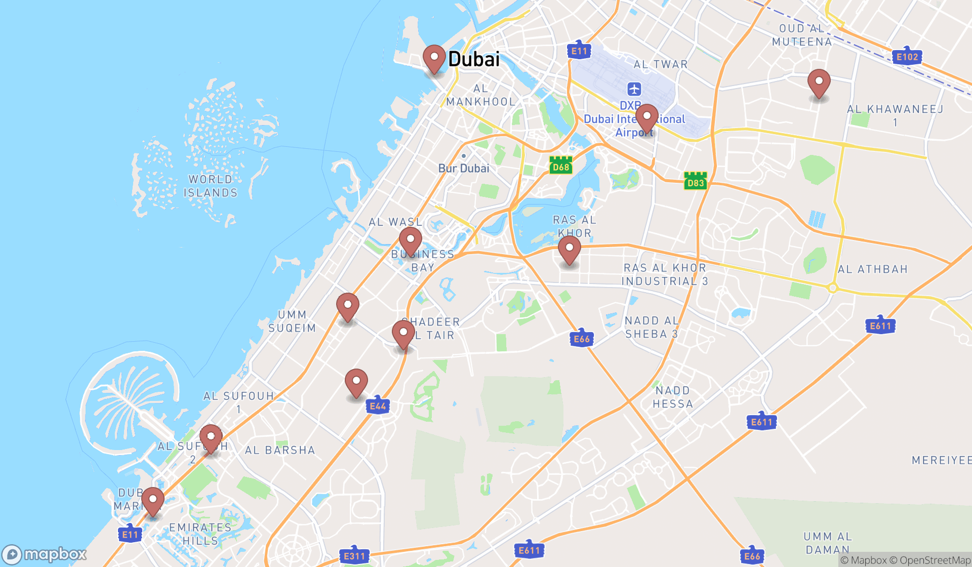 Map showing the ranked padel courts in Dubai, Dubai