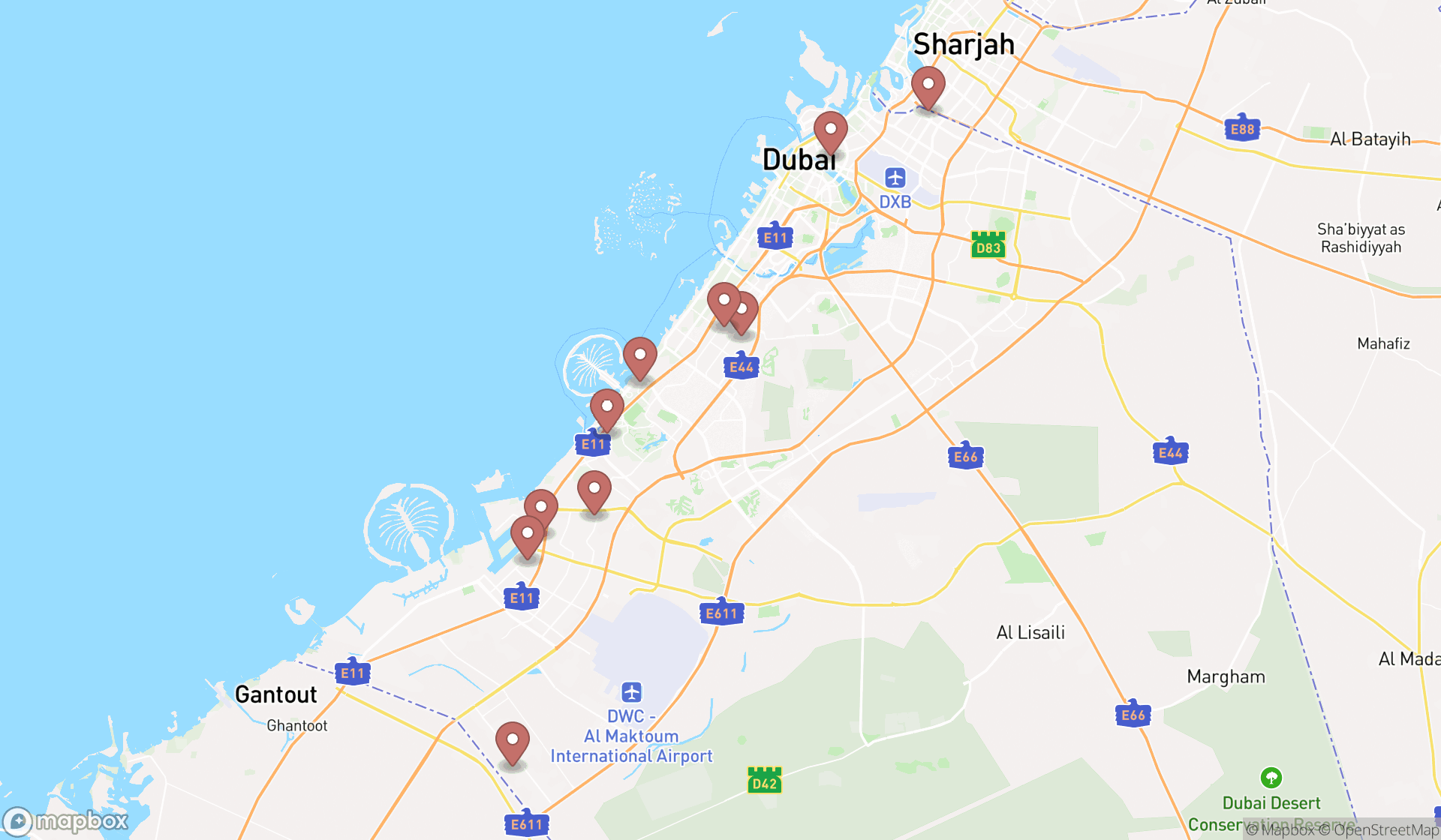 Map showing the ranked pallet suppliers in Dubai, Dubai