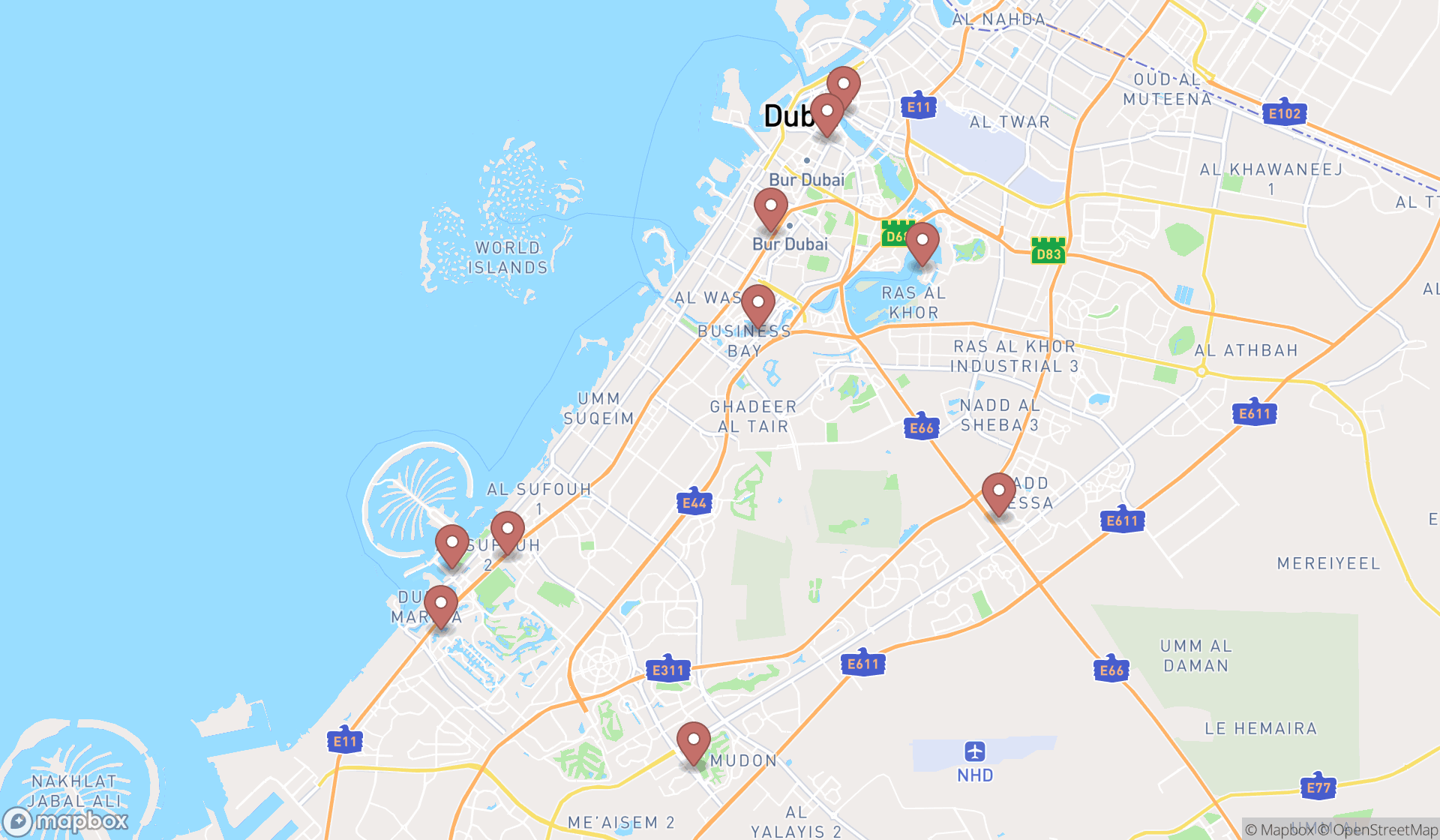 Map showing the ranked pan-asian restaurants in Dubai, Dubai