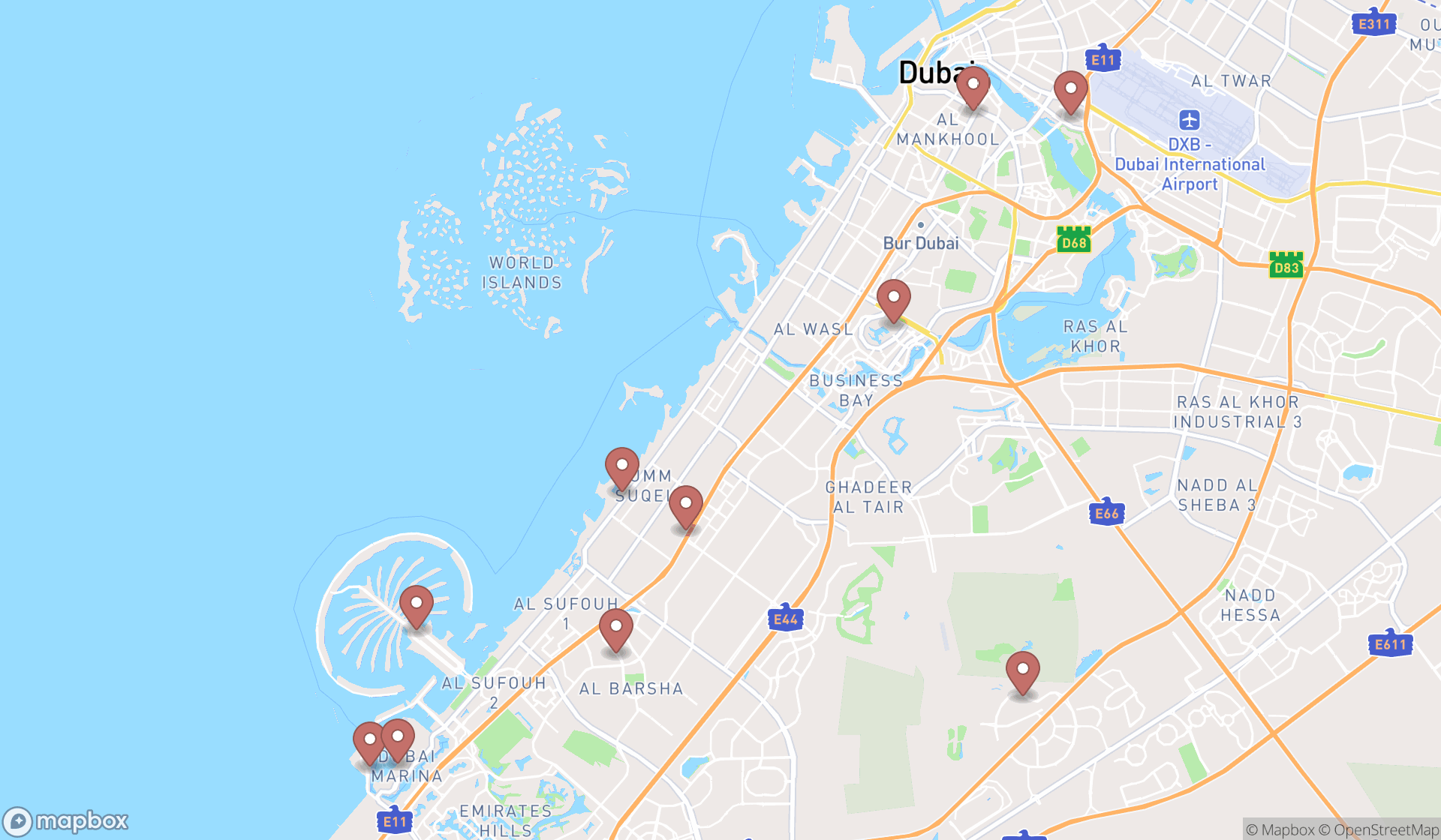 Map showing the ranked pancake restaurants in Dubai, Dubai