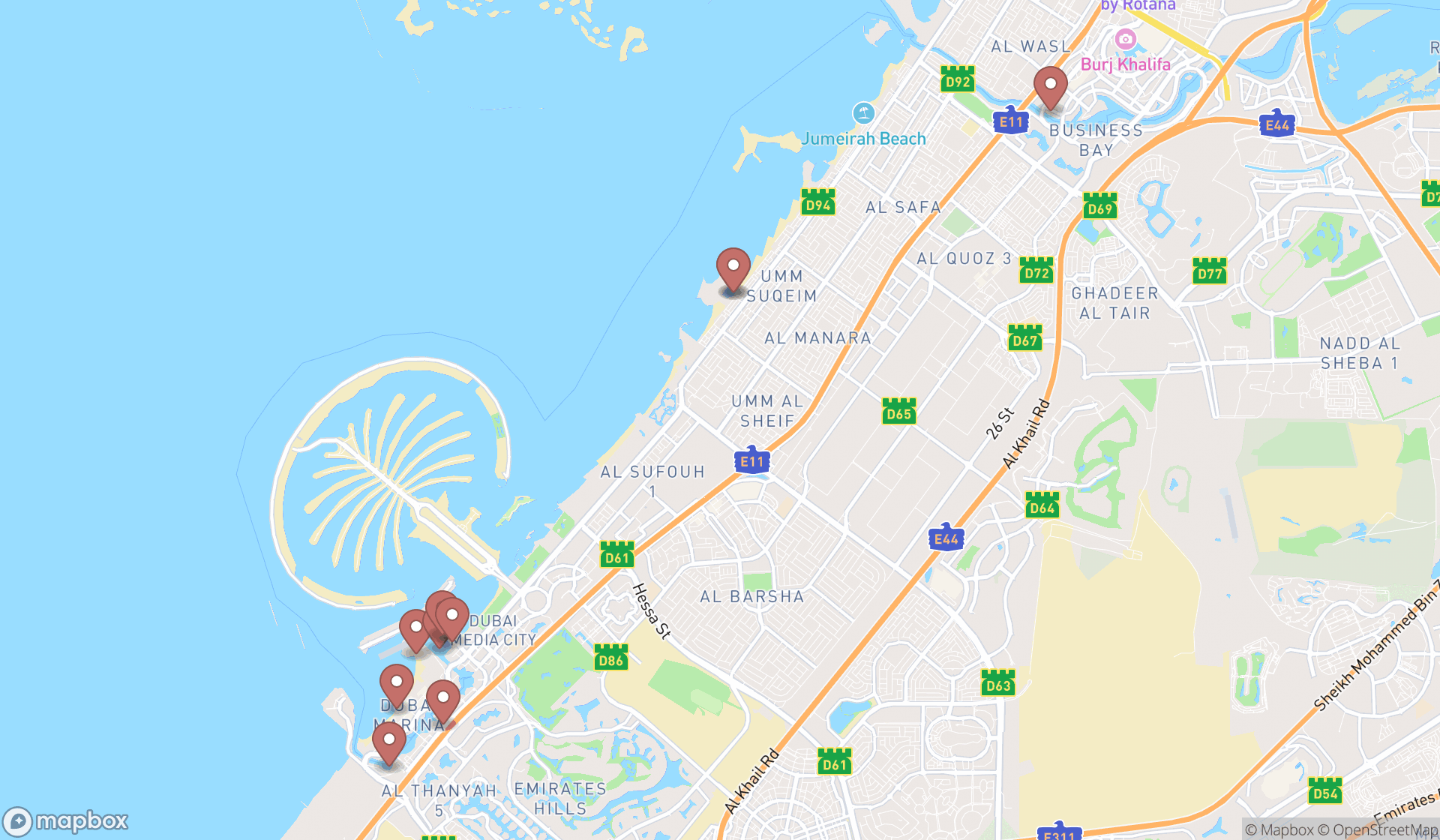 Map showing the ranked parasailing ride operators in Dubai, Dubai