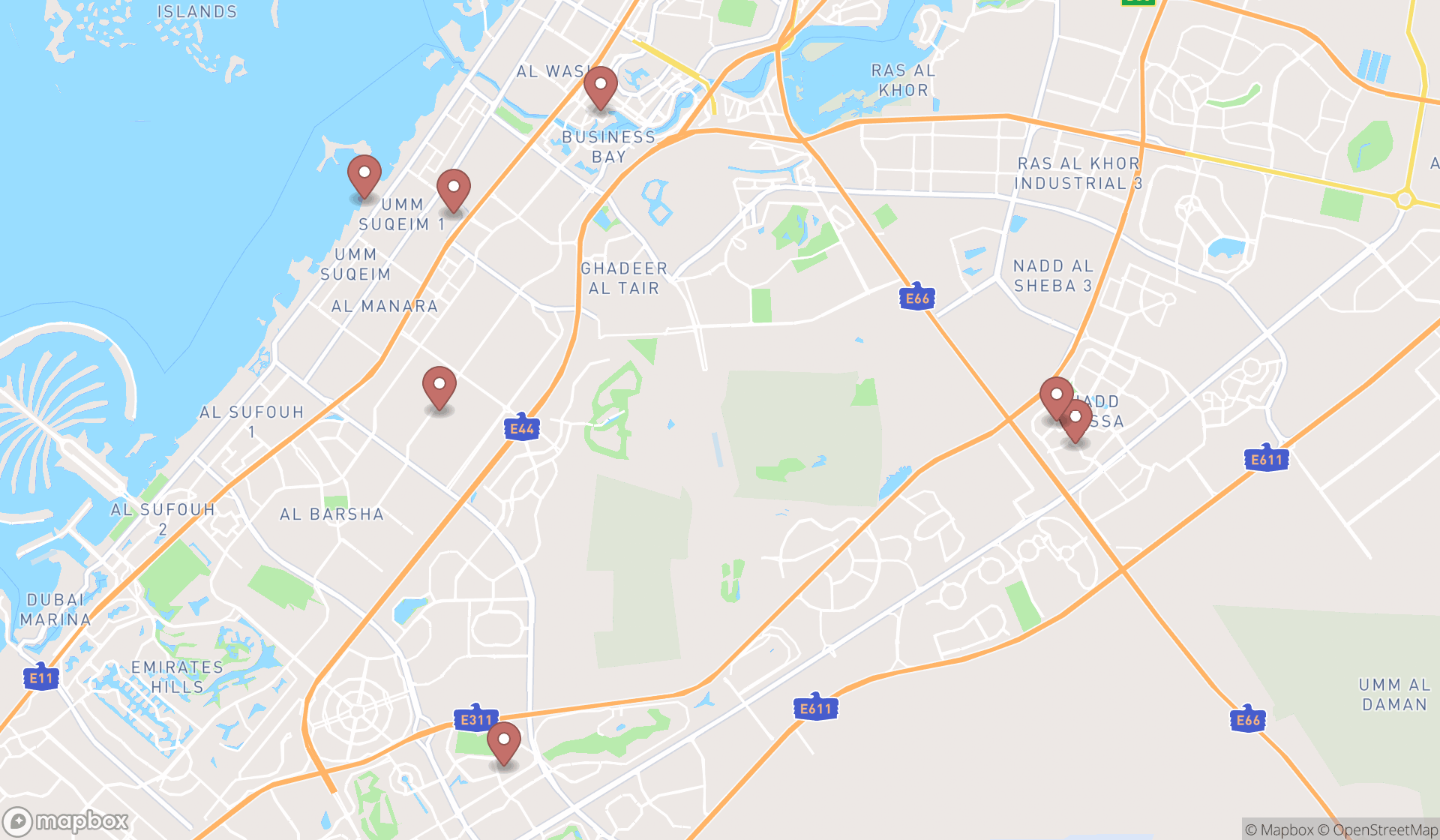 Map showing the ranked parkour spots in Dubai, Dubai