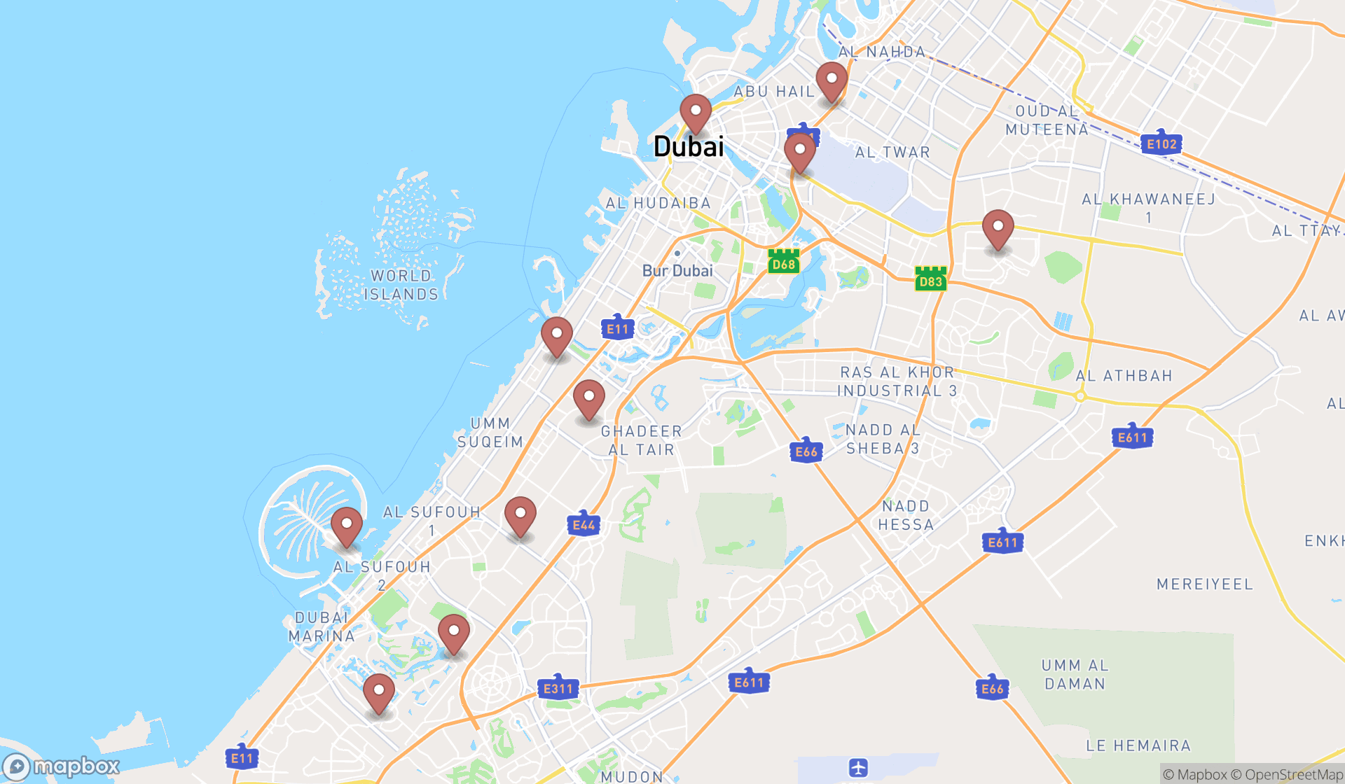 Map showing the ranked party stores in Dubai, Dubai
