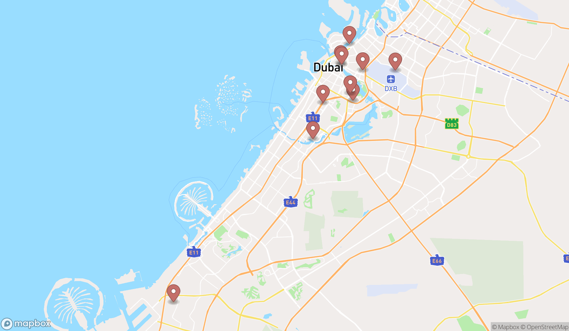 Map showing the ranked passport offices in Dubai, Dubai
