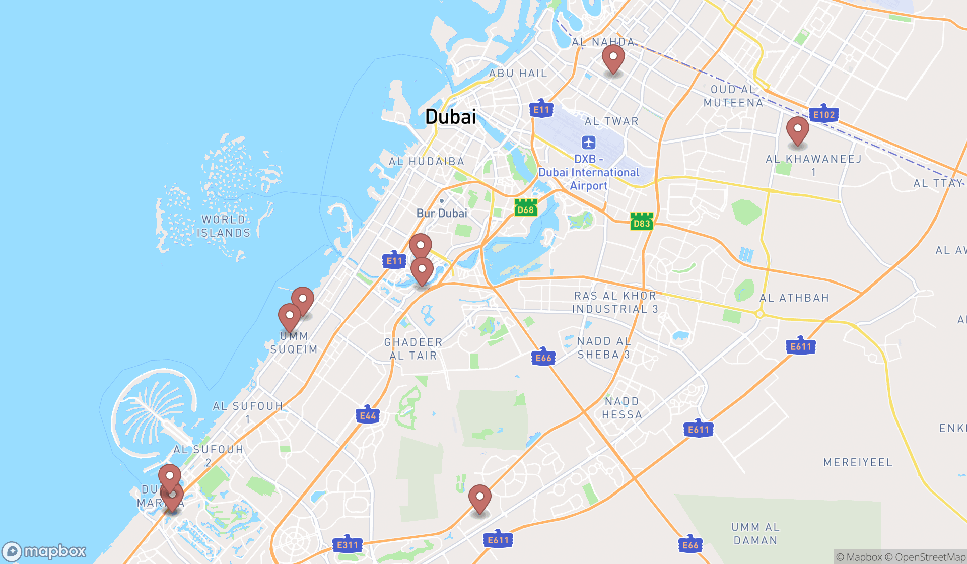 Map showing the ranked pasta shops in Dubai, Dubai