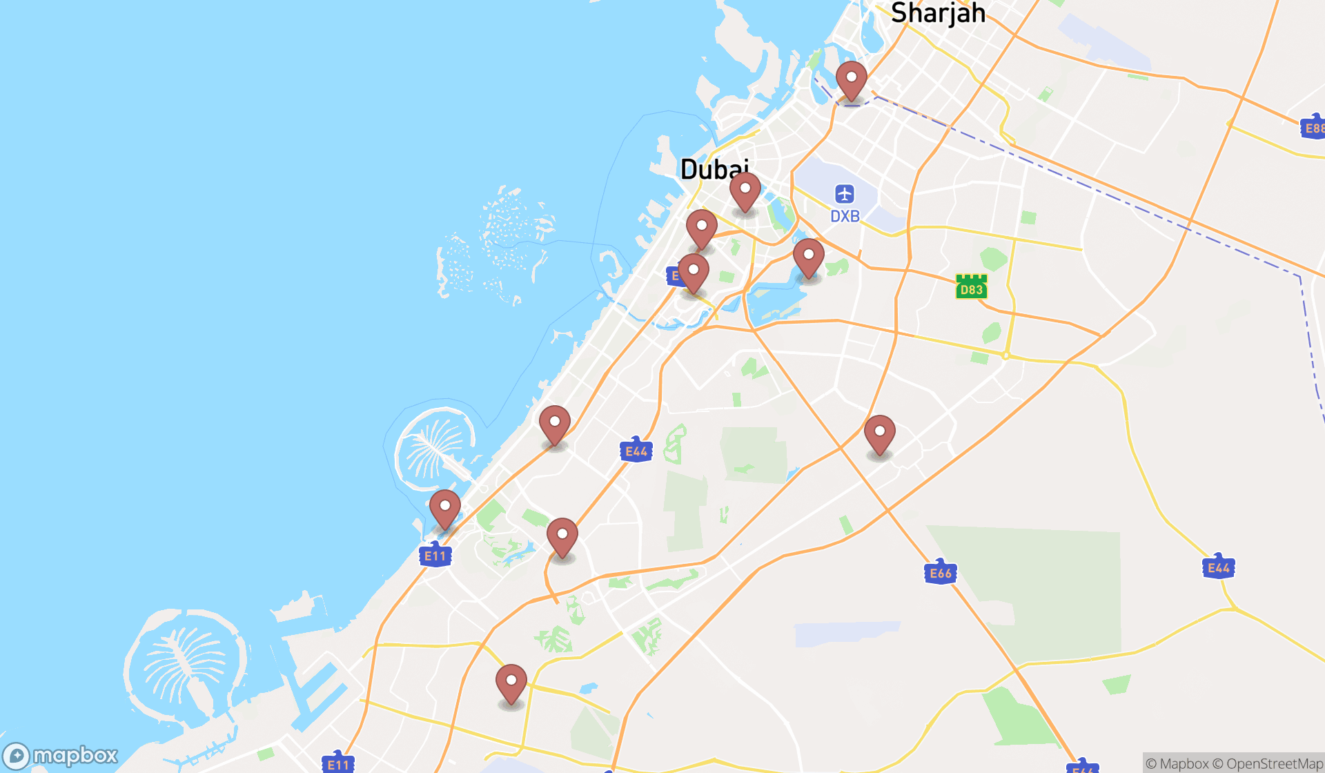 Map showing the ranked patisseries in Dubai, Dubai