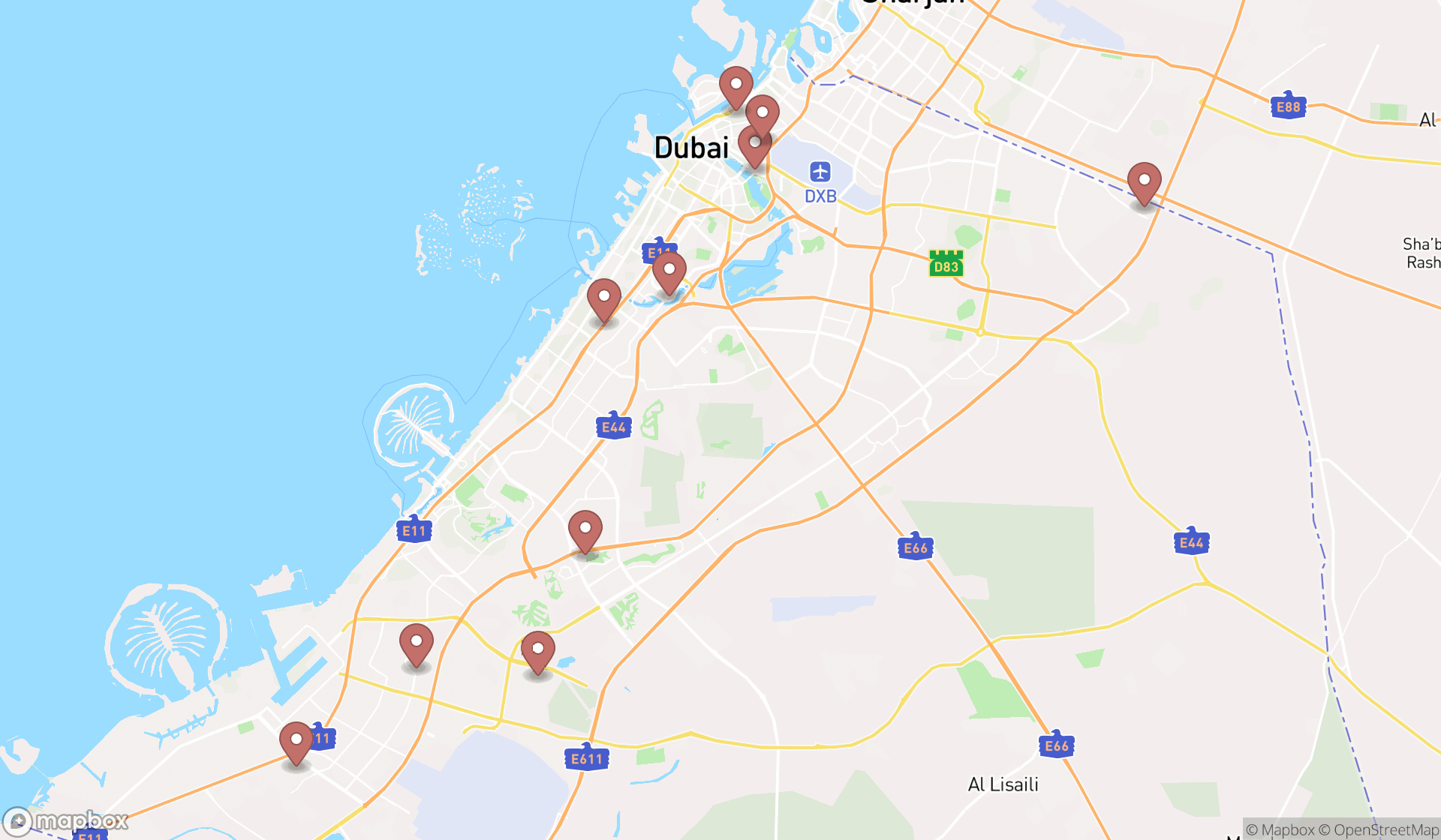 Map showing the ranked paving contractors in Dubai, Dubai