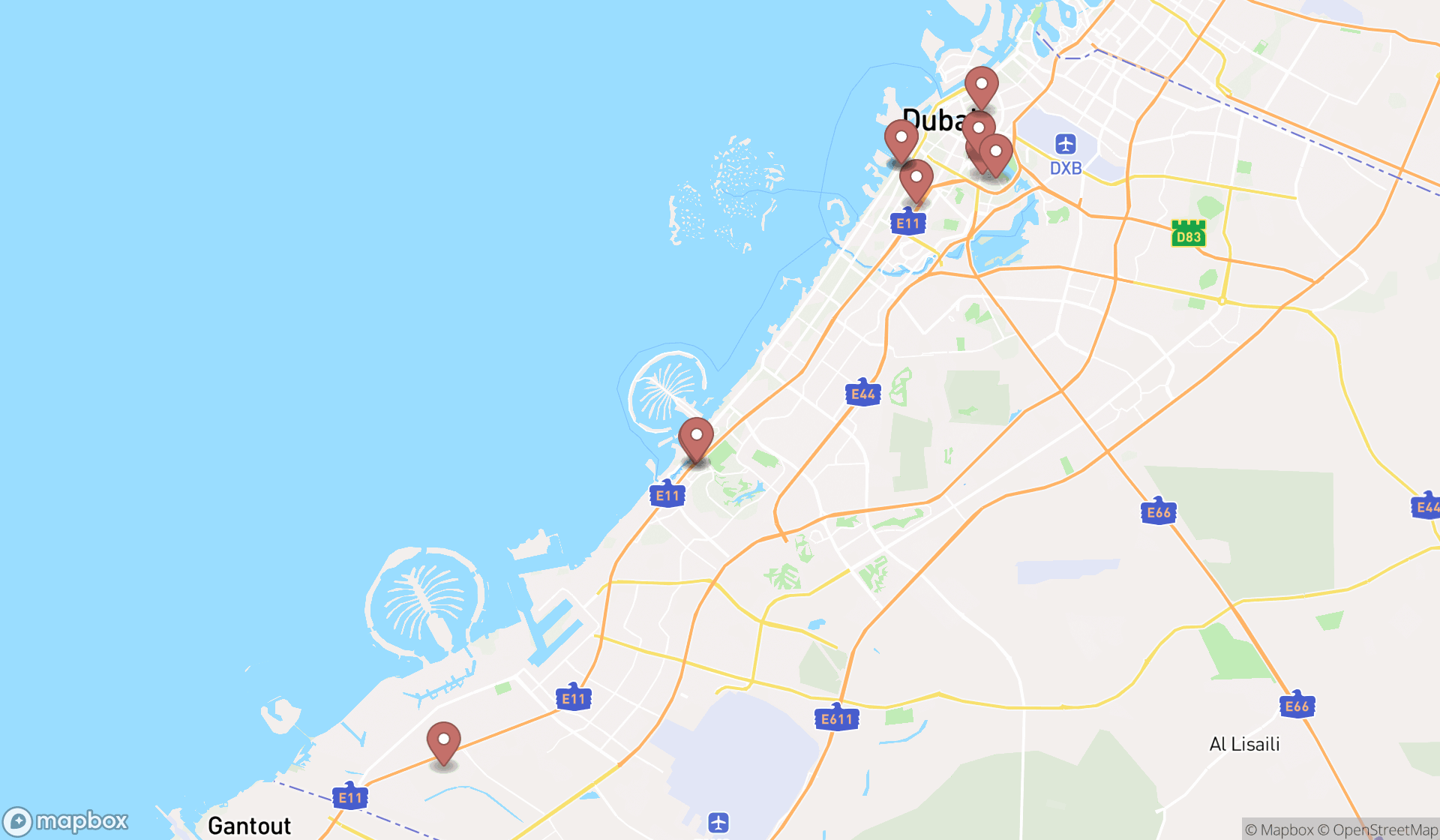 Map showing the ranked pediatric clinics in Dubai, Dubai
