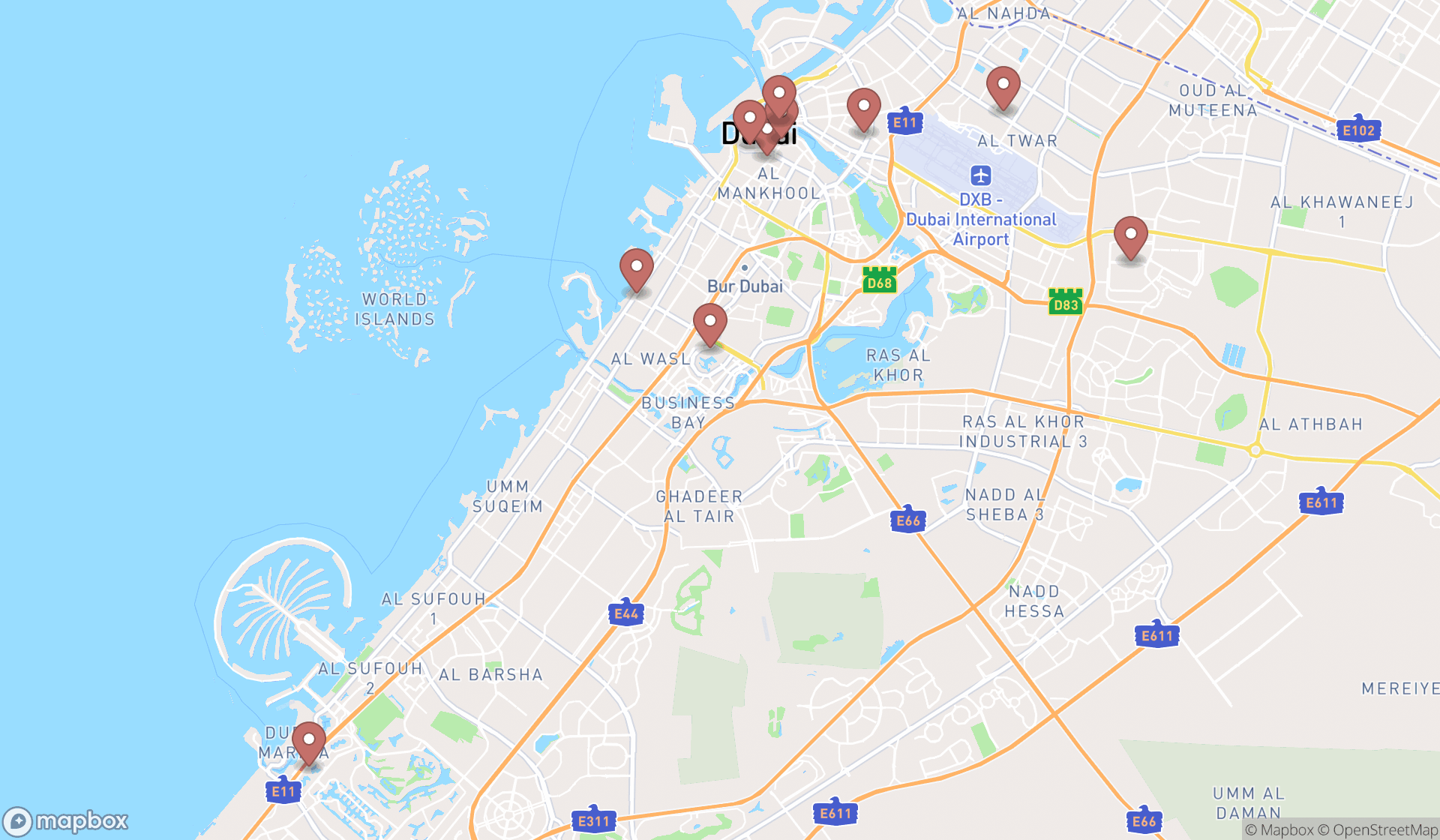 Map showing the ranked pen stores in Dubai, Dubai