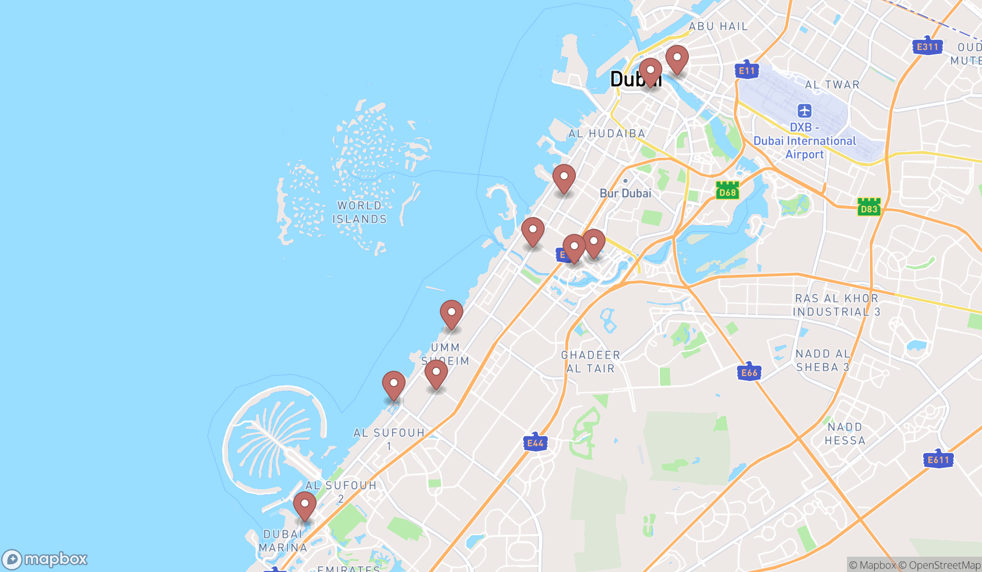 Map showing the ranked persian restaurants in Dubai, Dubai