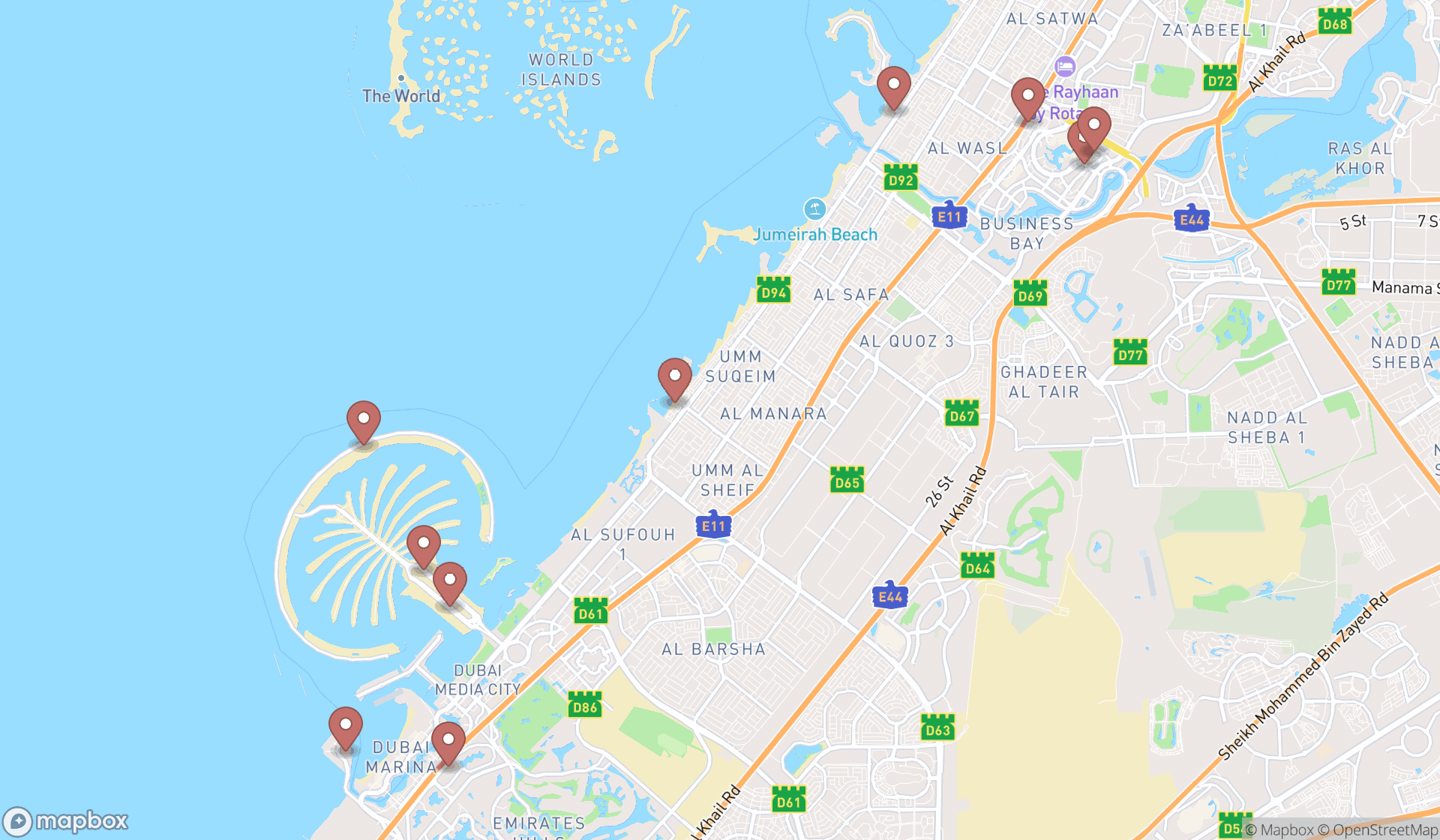Map showing the ranked peruvian restaurants in Dubai, Dubai