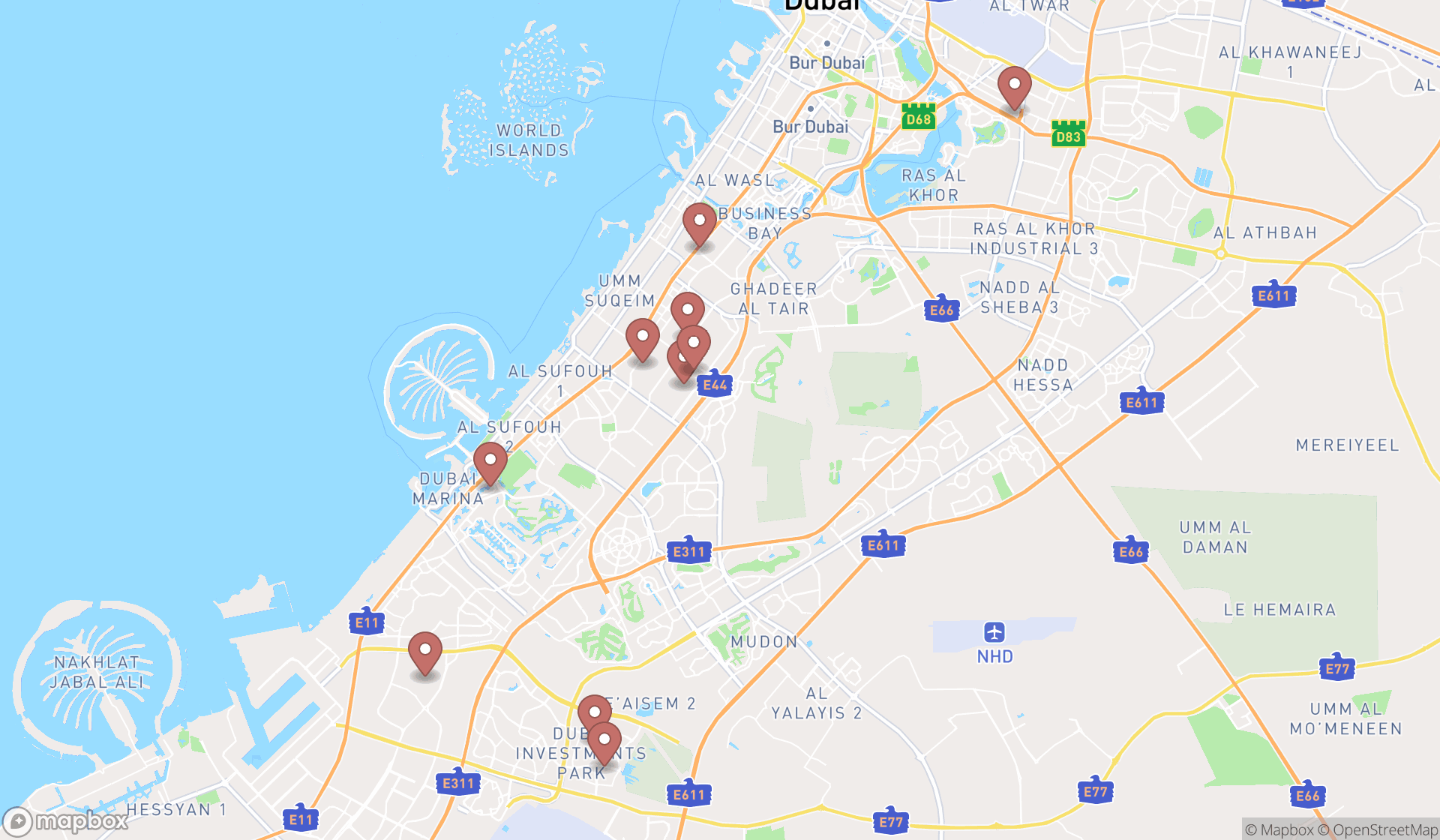 Map showing the ranked pet boarding services in Dubai, Dubai