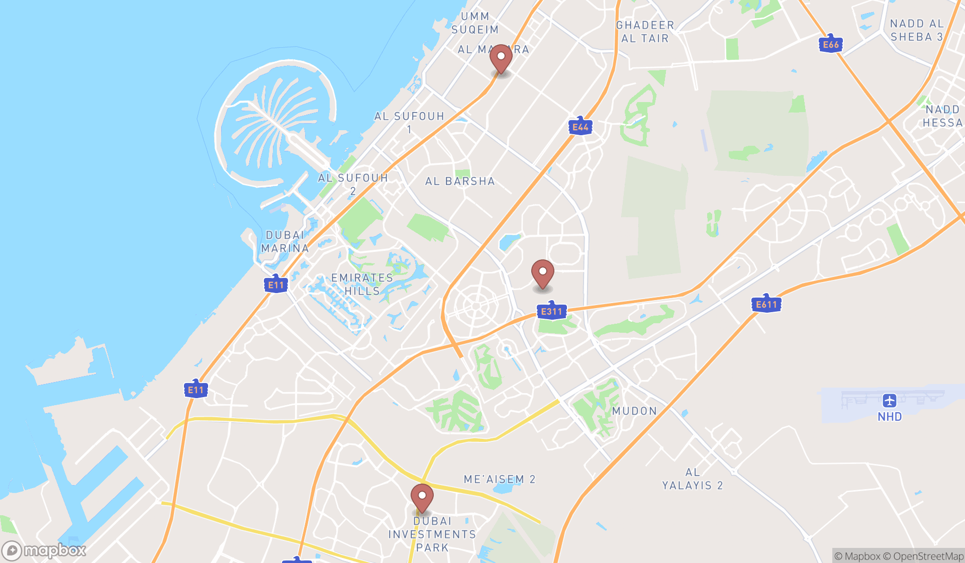 Map showing the ranked pet funeral services in Dubai, Dubai