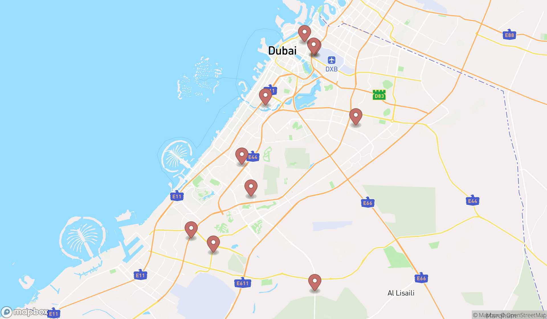 Map showing the ranked pet moving services in Dubai, Dubai