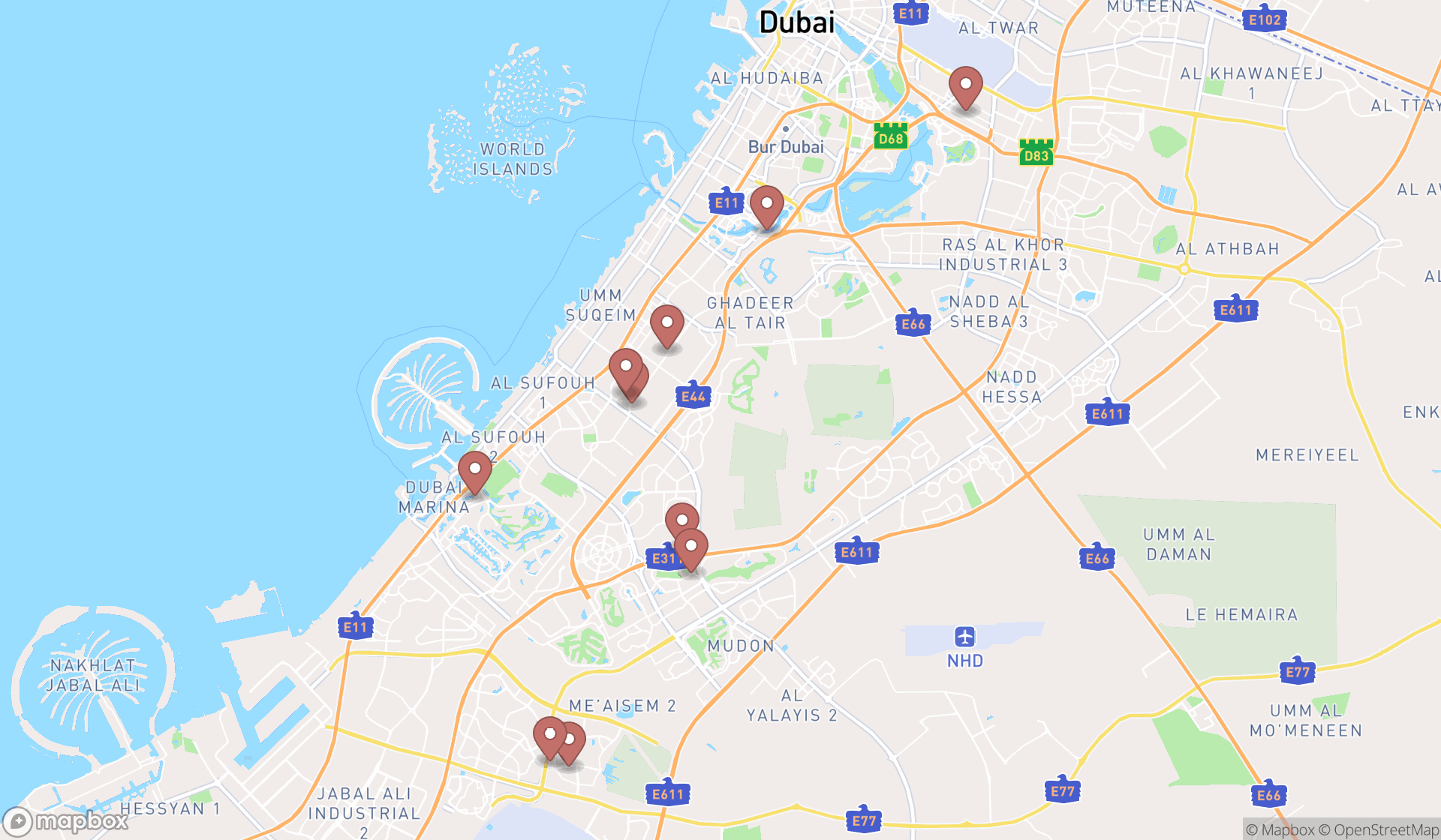 Map showing the ranked pet trainers in Dubai, Dubai