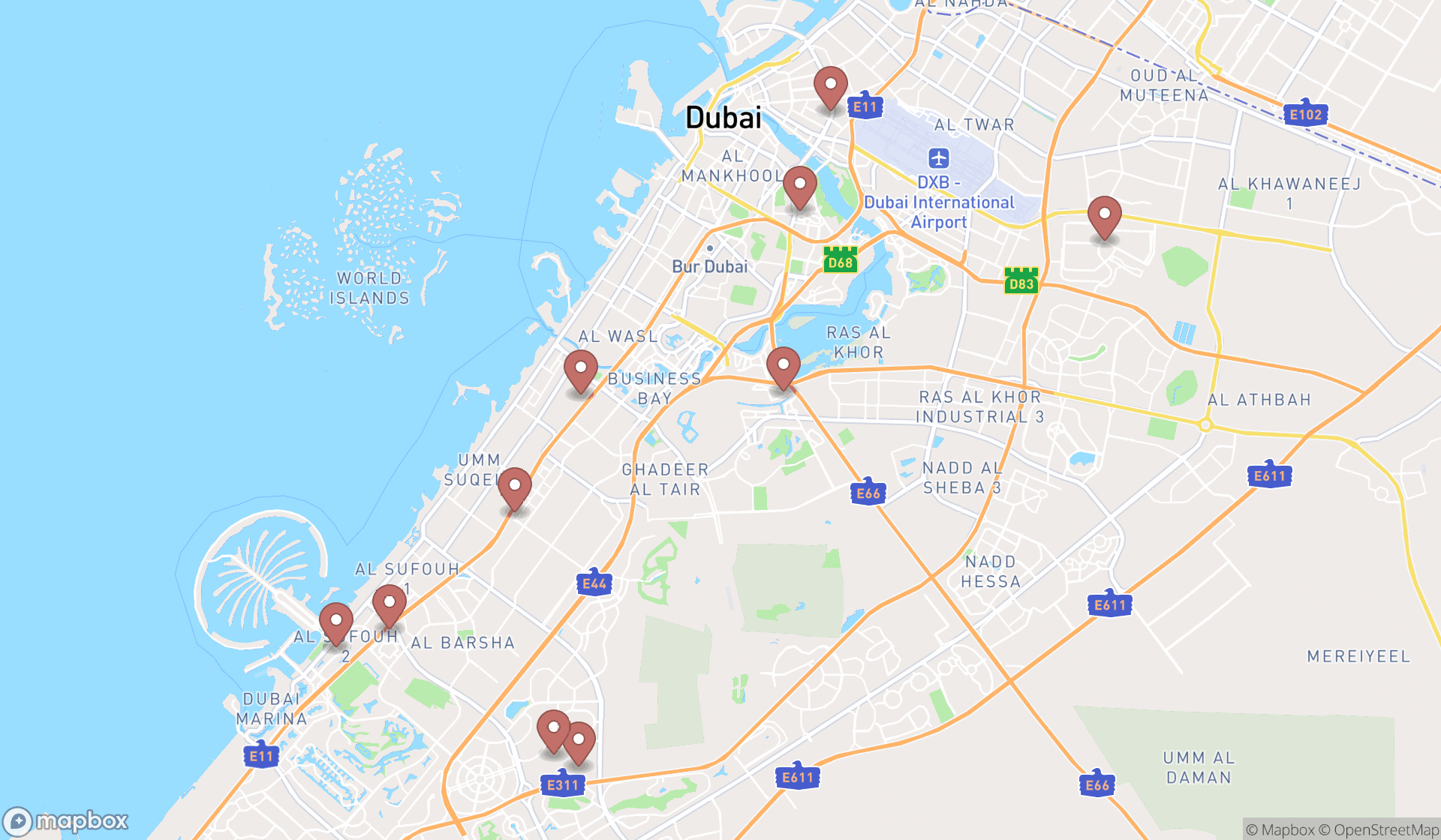 Map showing the ranked physical rehabilitation centers in Dubai, Dubai