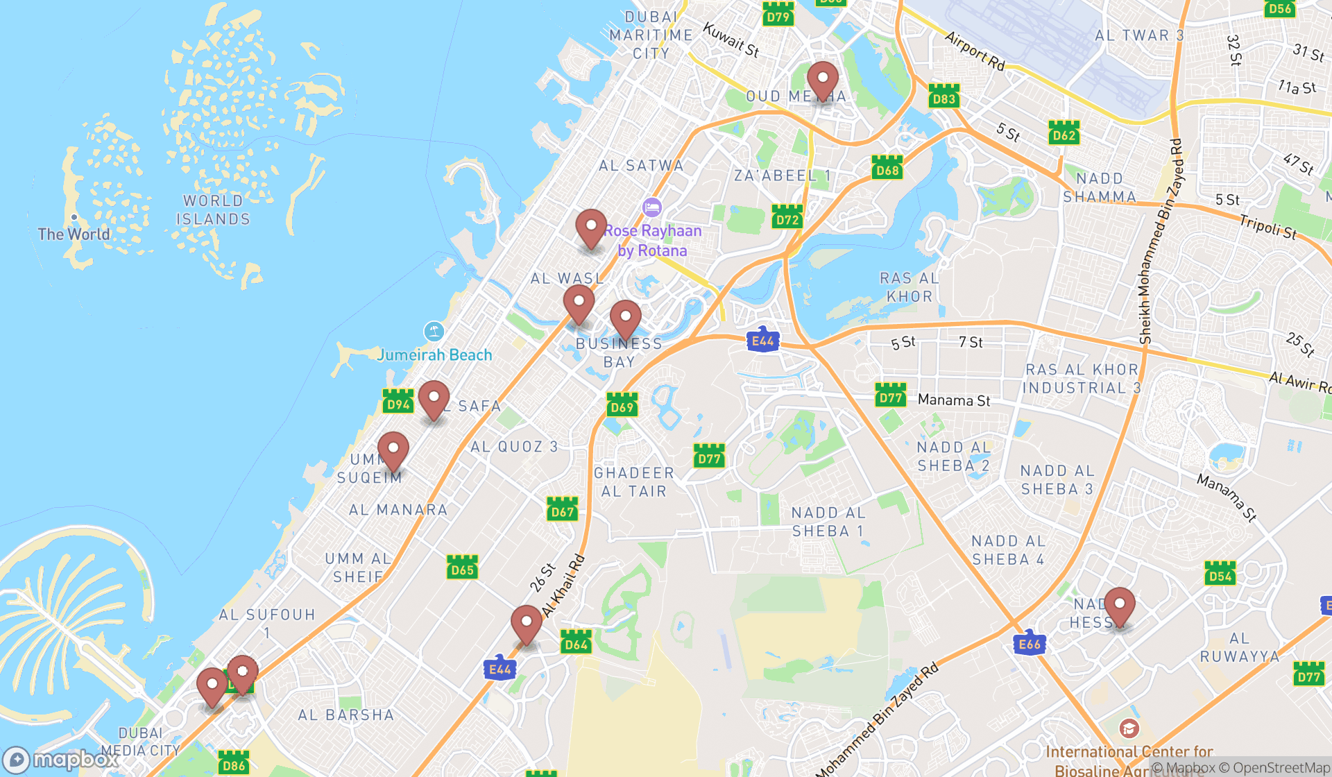 Map showing the ranked physical therapy clinics in Dubai, Dubai