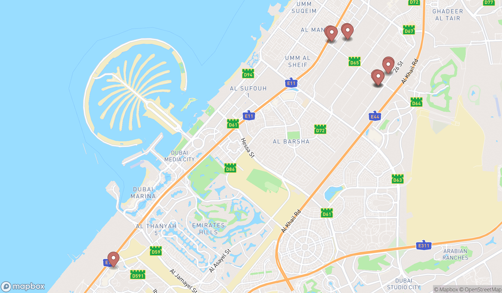 Map showing the ranked piano stores in Dubai, Dubai