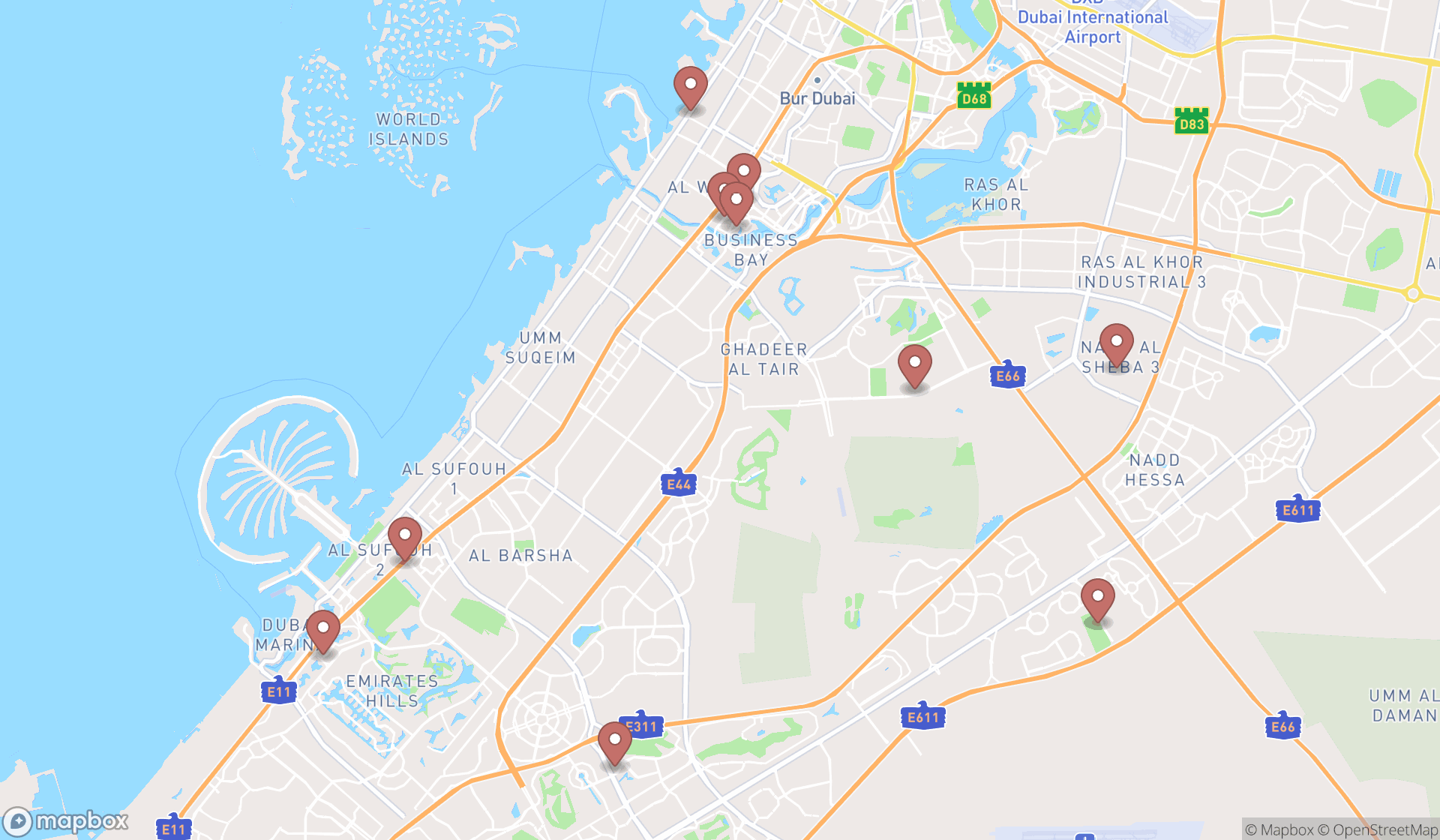 Map showing the ranked pilates studios in Dubai, Dubai