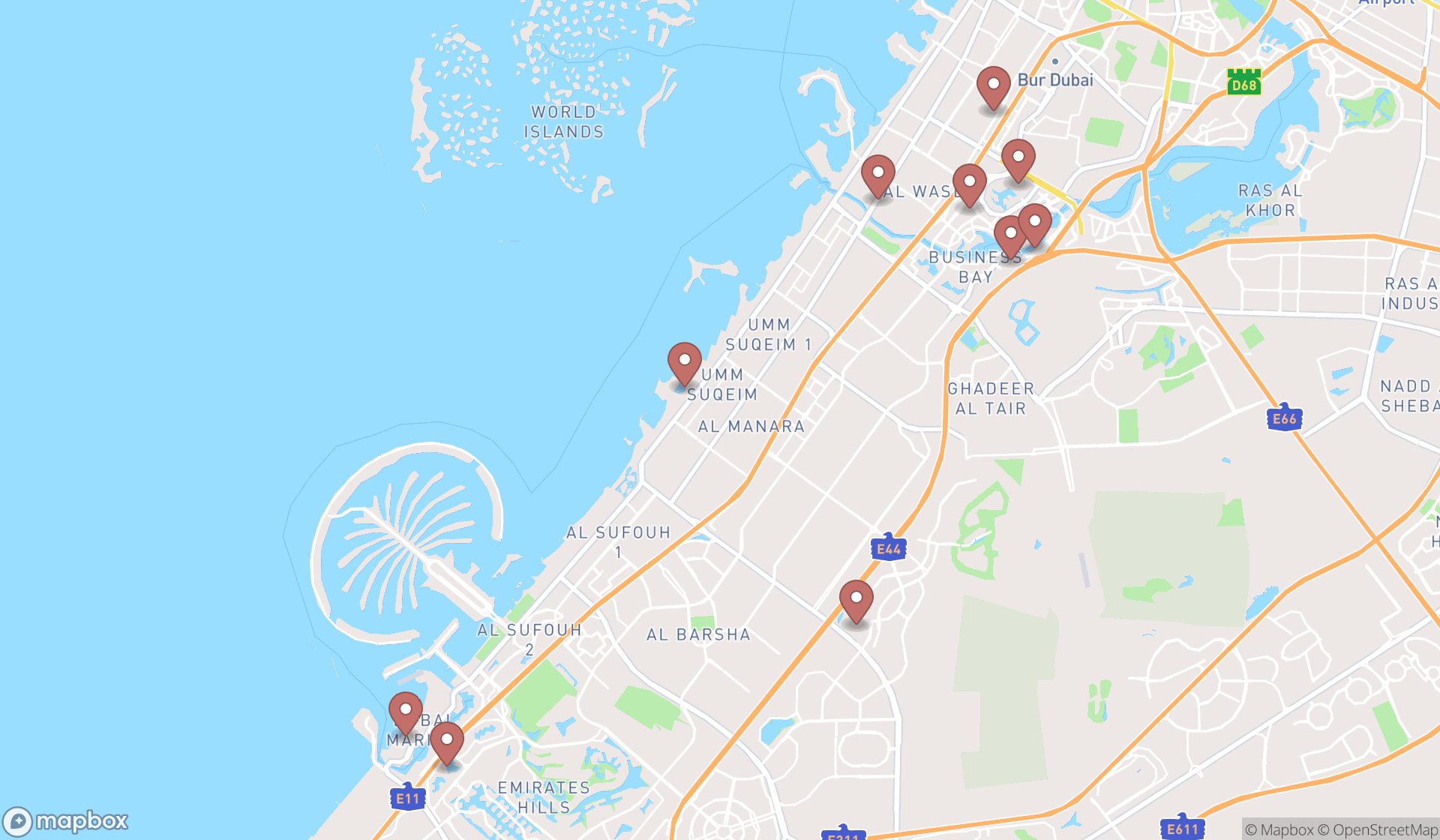 Map showing the ranked pizza restaurants in Dubai, Dubai