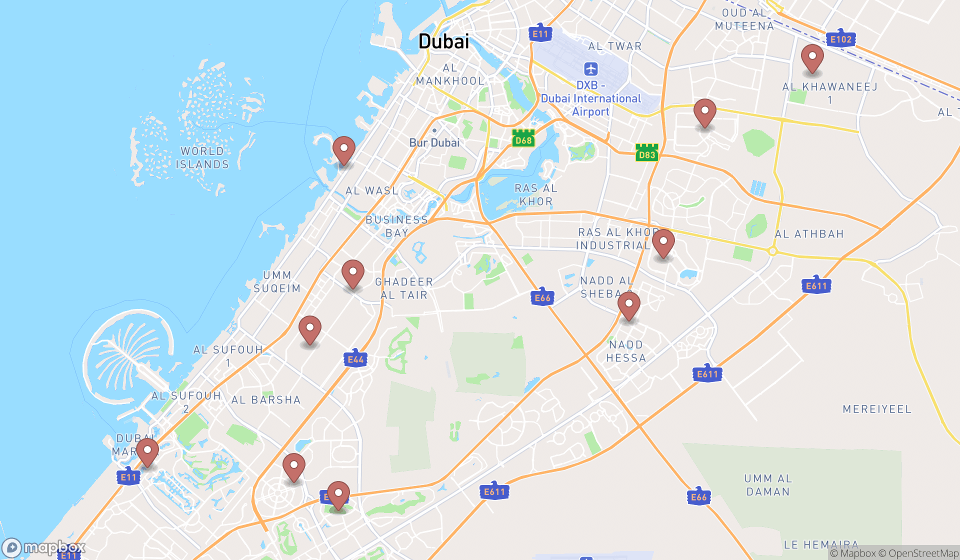 Map showing the ranked pizza takeaways in Dubai, Dubai