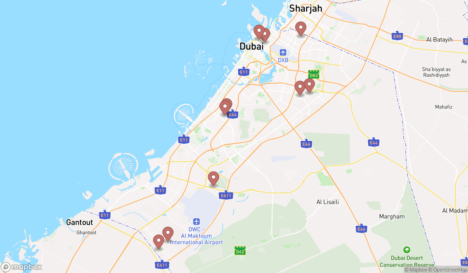 Map showing the ranked plant and machinery hires in Dubai, Dubai