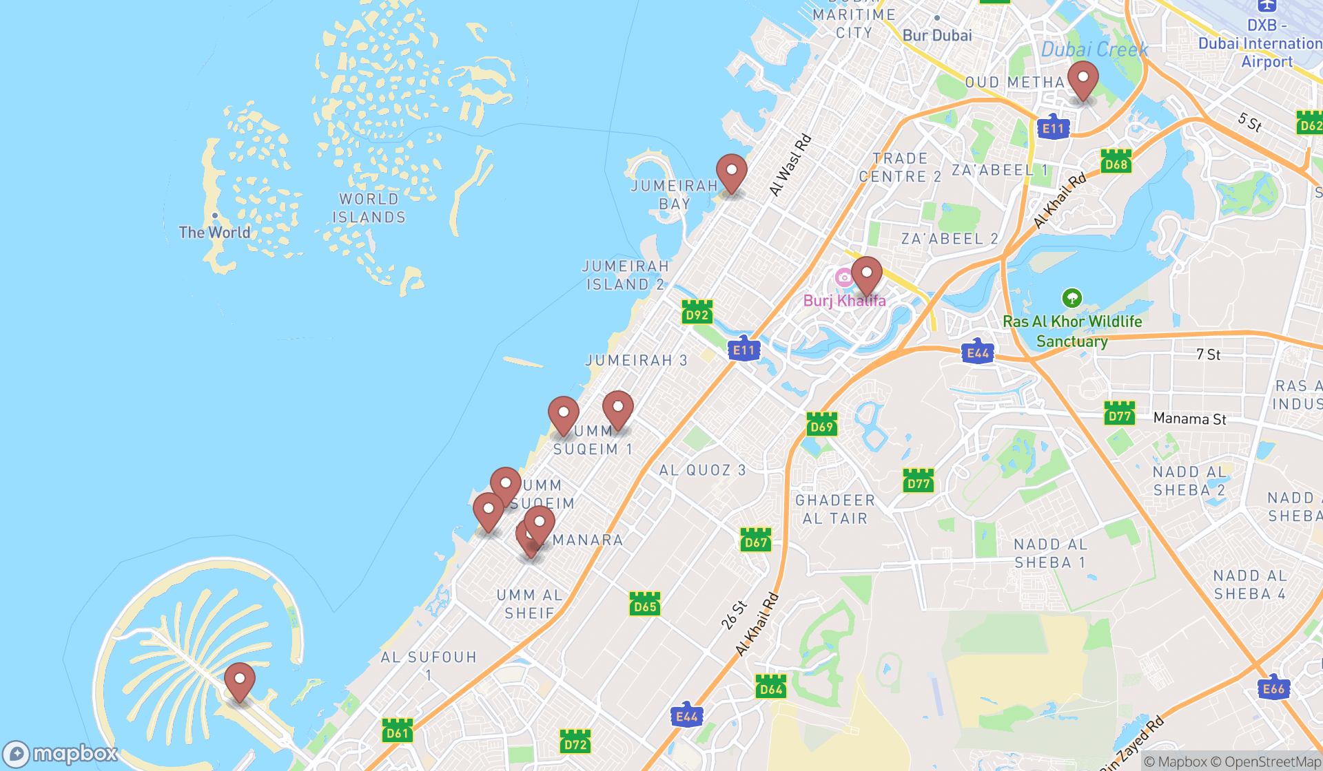 Map showing the ranked plastic surgery clinics in Dubai, Dubai