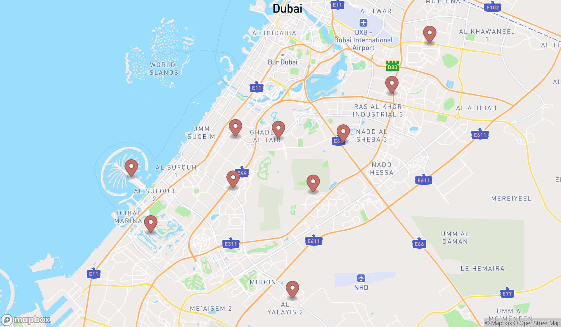 Map showing the ranked playgrounds in Dubai, Dubai